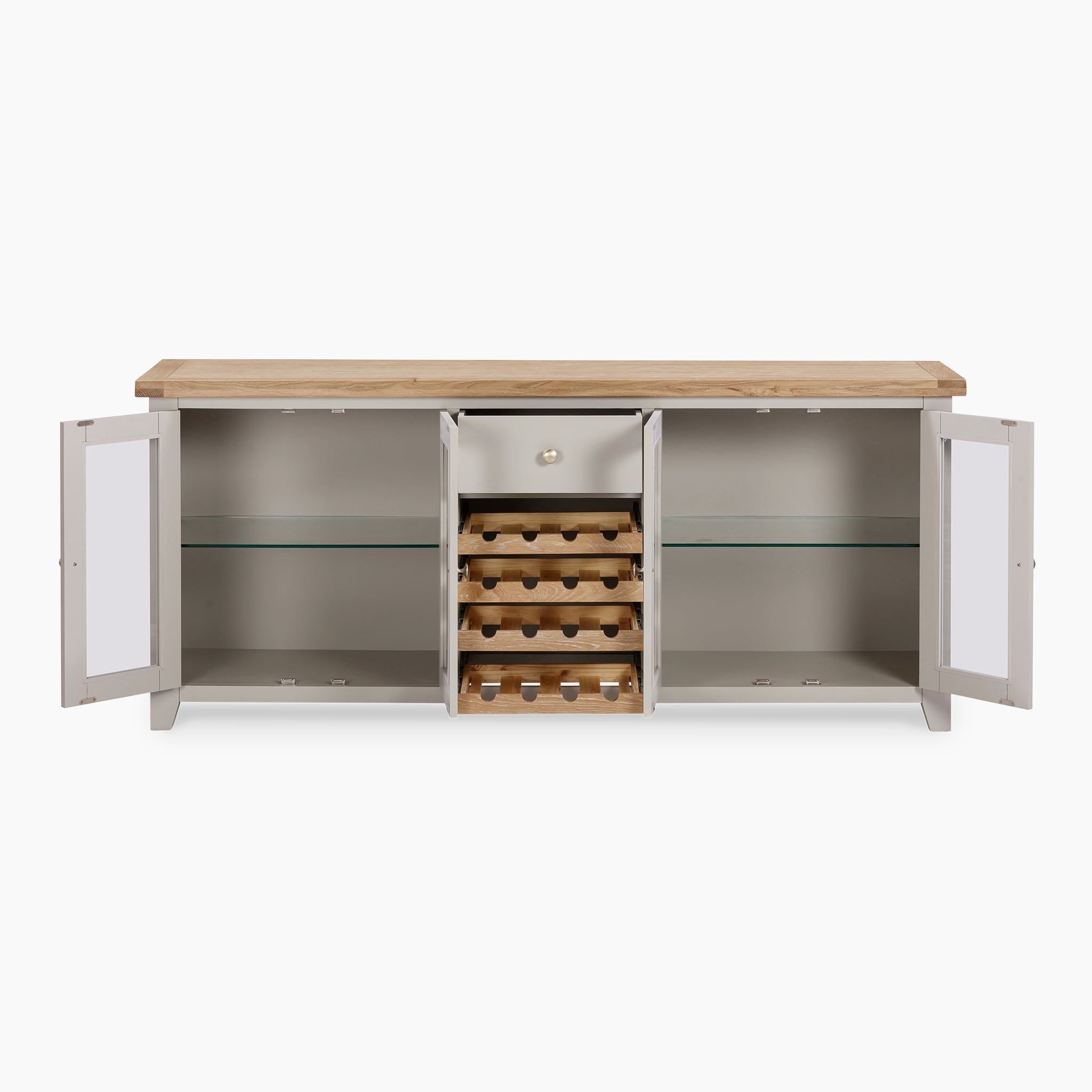 The Burford Grand Sideboard with Wine Rack in Pebble Grey showcases open doors, shelves, and a central wine rack, all elegantly topped with a wooden surface.