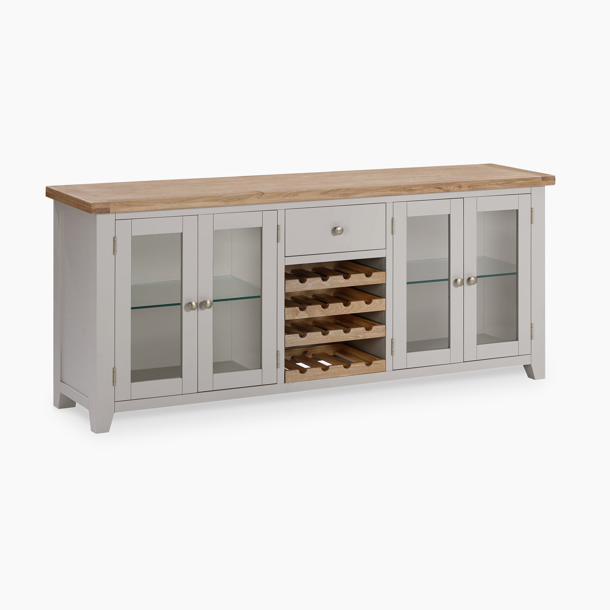 The Burford Grand Sideboard with Wine Rack in Pebble Grey showcases a wine rack centrally located, complemented by glass doors, a drawer, and a brown contrasting top.