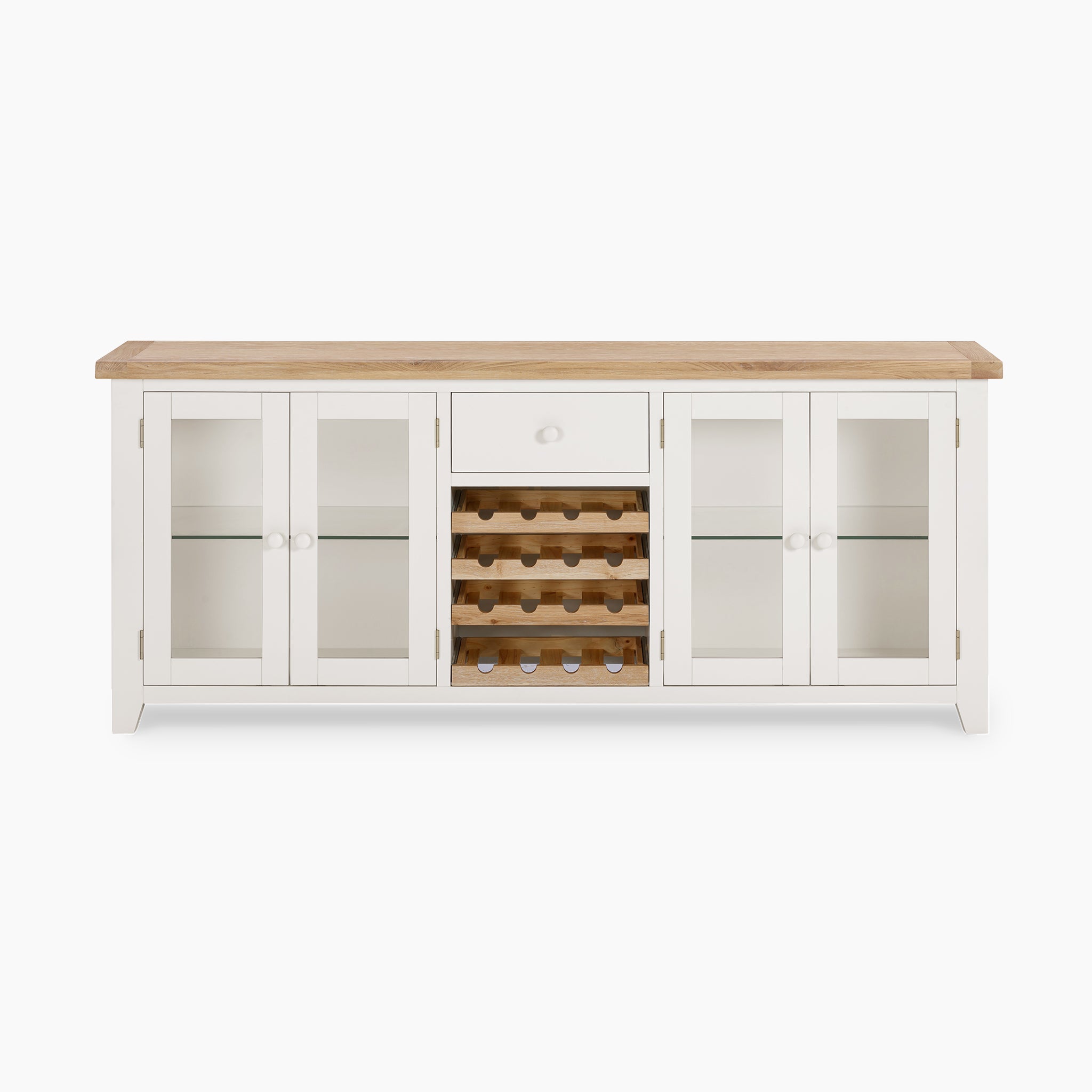 The Burford Grand Sideboard with Wine Rack in Warm White showcases a natural oak wooden top, glass doors, a central drawer, and an integrated wine rack.