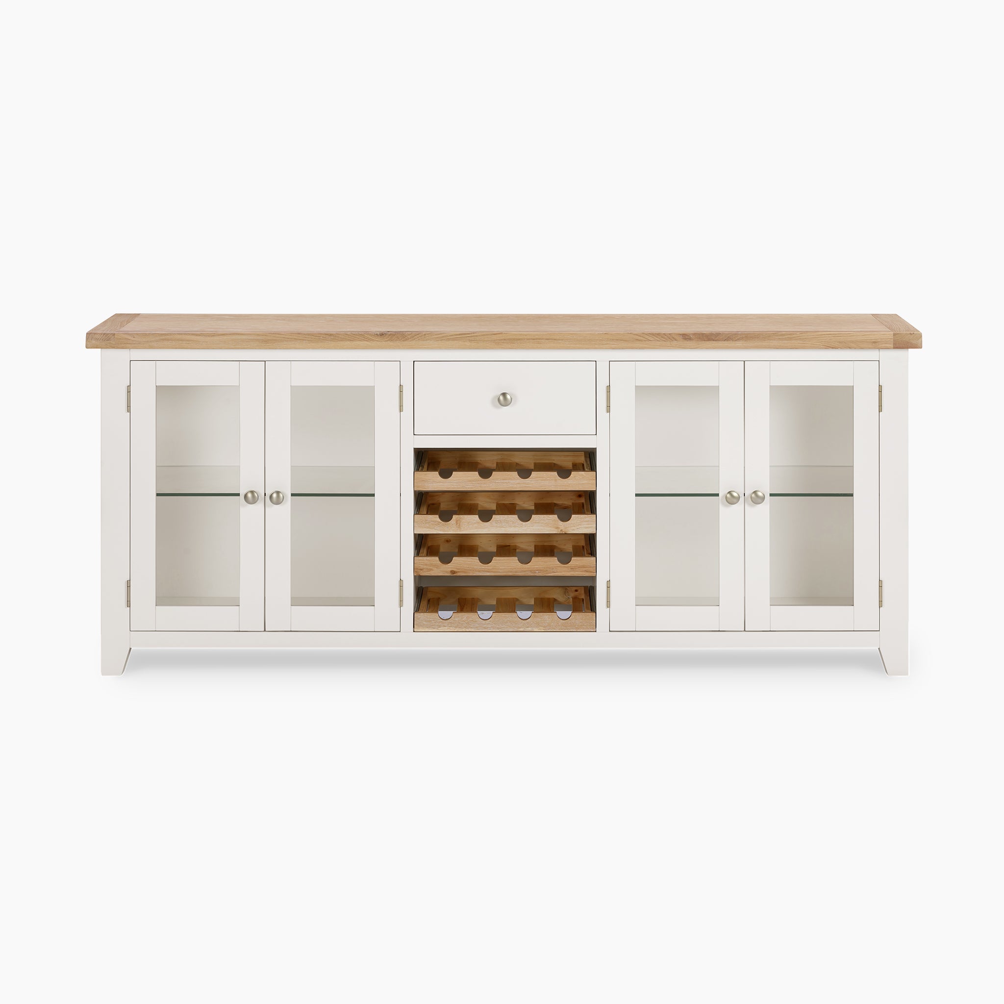 The Burford Grand Sideboard with Wine Rack in Warm White features a natural oak wooden top, white glass door cabinets, a central drawer, and an elegant wine rack.