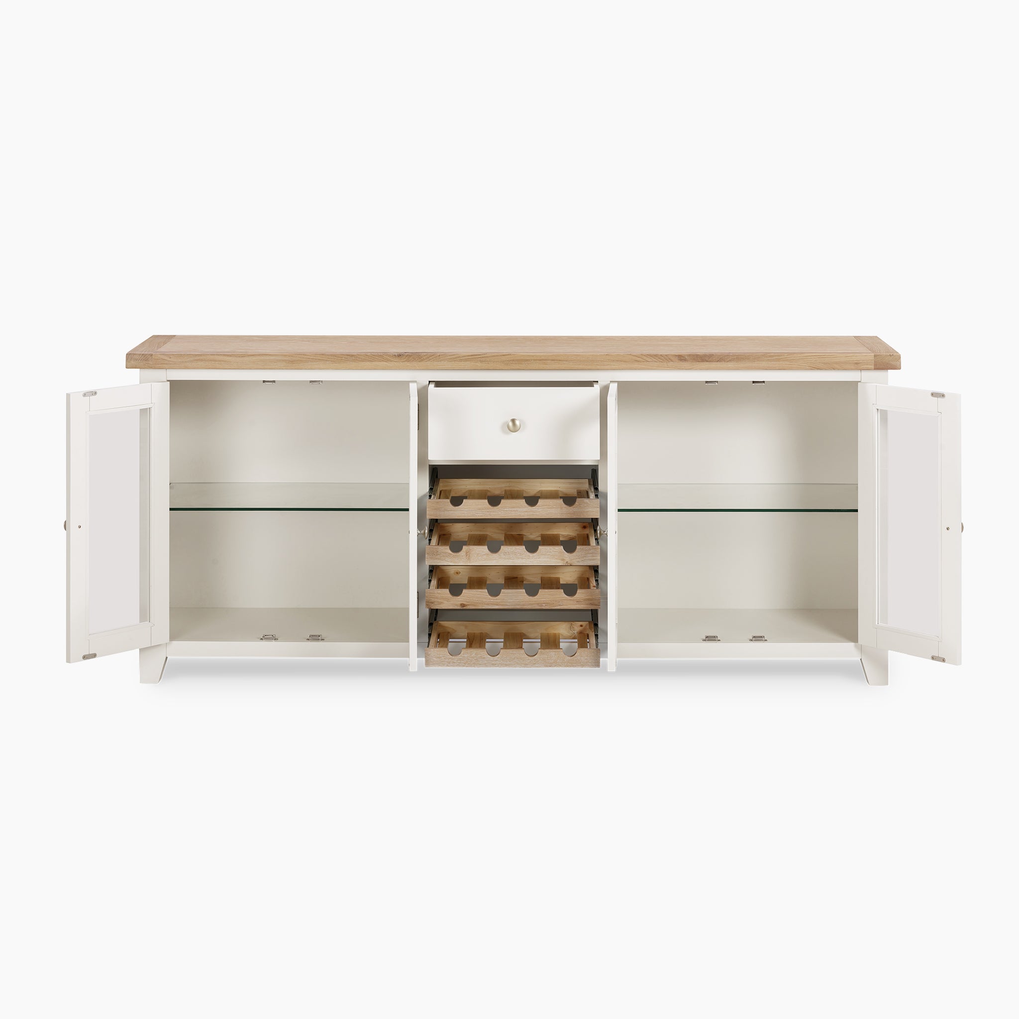 The Burford Grand Sideboard with Wine Rack in Warm White features a light wooden surface, open doors that reveal shelves, and an integrated wooden wine rack, all made from natural oak.