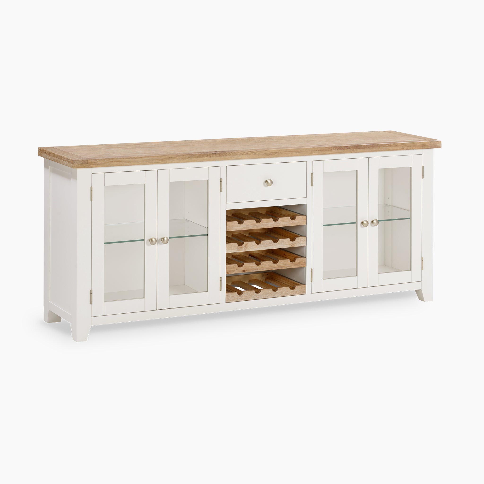 The Burford Grand Sideboard with Wine Rack in Warm White highlights a natural oak top combined with white finishes and includes glass doors, a central drawer, and integrated wine rack storage.