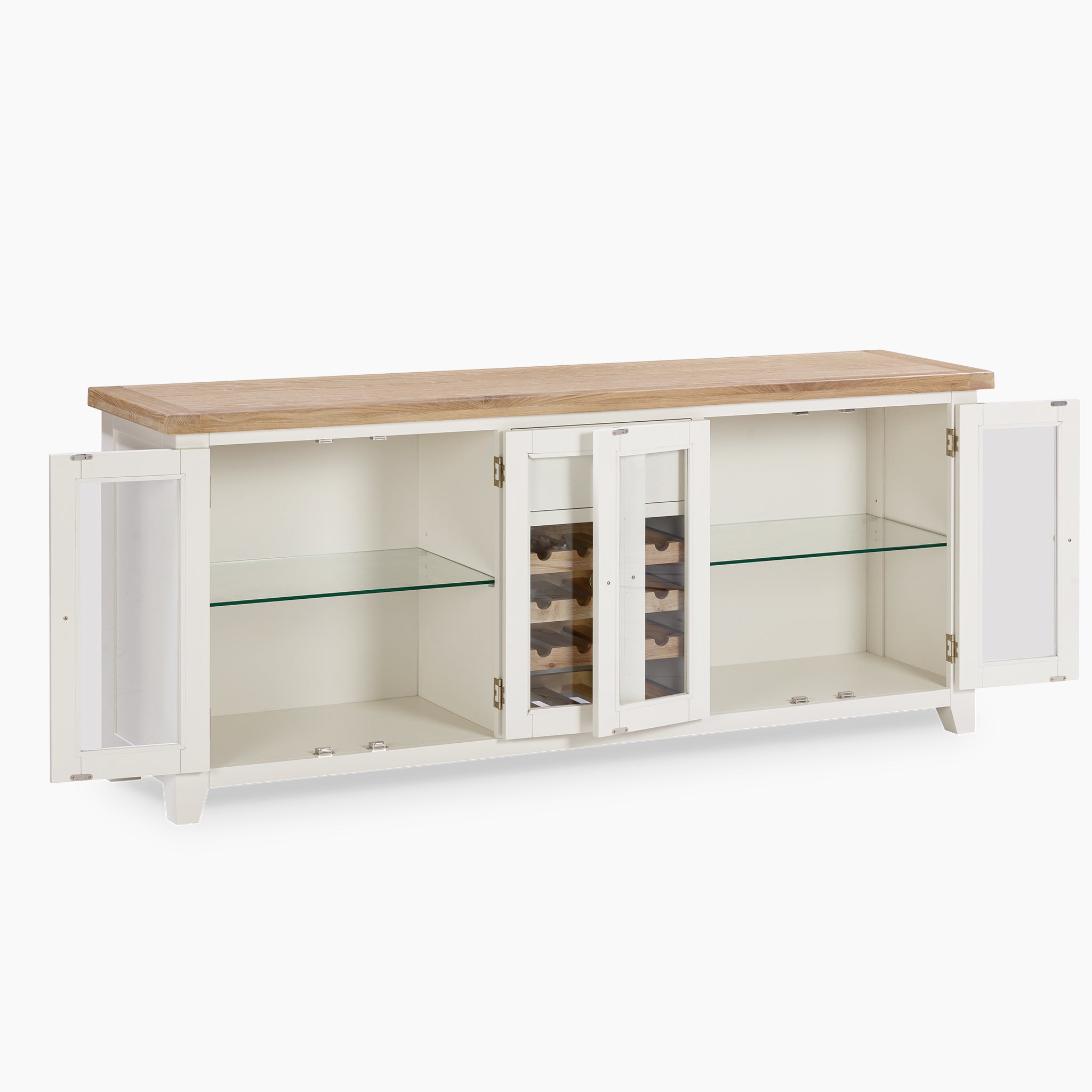 The Burford Grand Sideboard with Wine Rack in Warm White features a natural oak finish with glass shelves and a wooden top, complemented by open doors and a central wine rack for stylish storage.