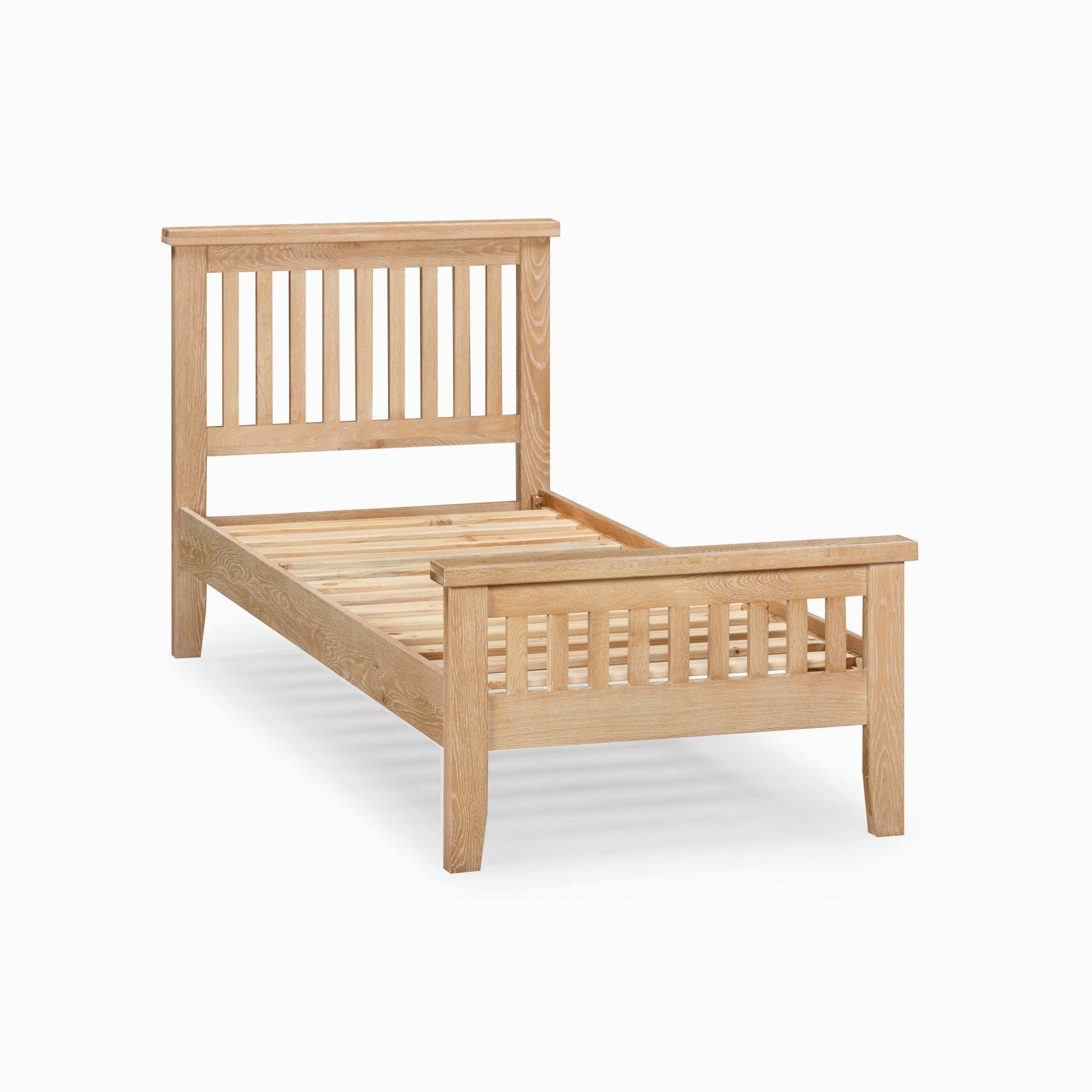 The Burford 3ft High-End Single Bed Frame in Natural Oak showcases a wooden bed frame with vertical slats on both the headboard and footboard, all set against a plain white background. This single bed brings timeless yet simple elegance to any bedroom setting.