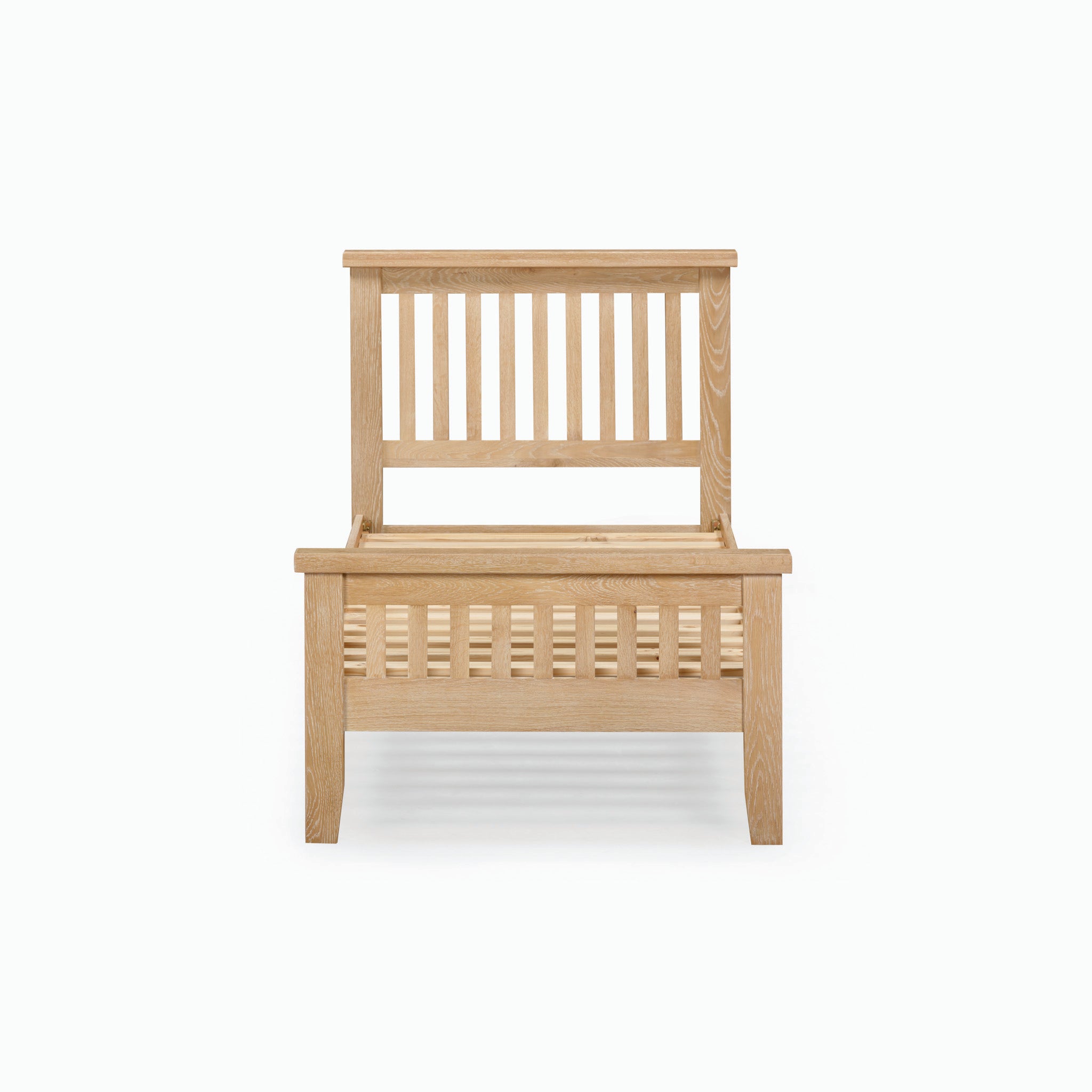 The Burford 3ft High-End Single Bed Frame in Natural Oak, featuring a vertically slatted headboard and footboard, is shown on a white background.