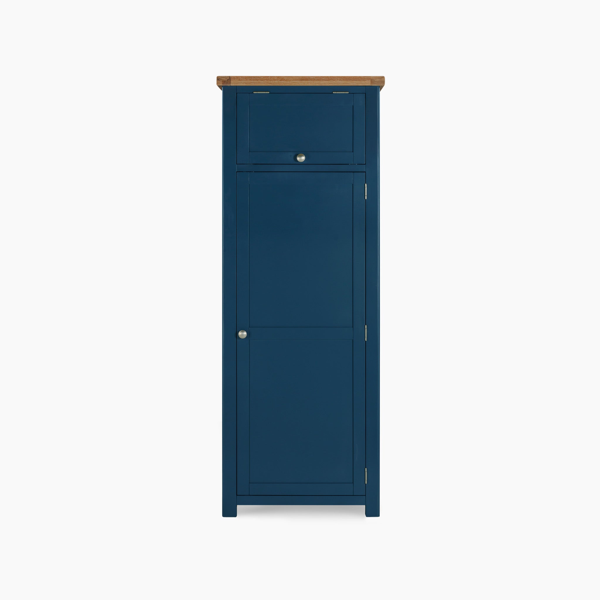 The Burford Single Larder Unit in Navy Blue is a tall cabinet ideal for kitchen storage, featuring a natural oak top, a small top drawer, and a spacious double-door compartment below.