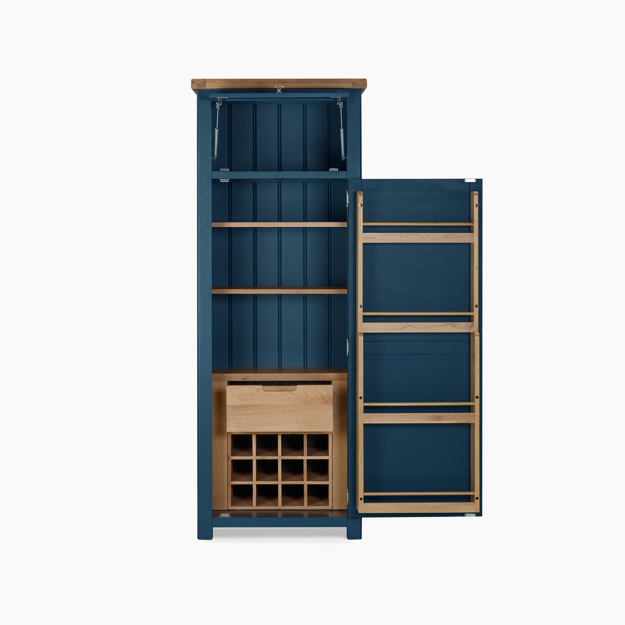 Introducing the Burford Single Larder Unit in Navy Blue, a tall wooden bar cabinet with an open door showcasing shelves, a wine rack, and generous kitchen storage. Its sophisticated design harmoniously pairs with natural oak accents in your home.