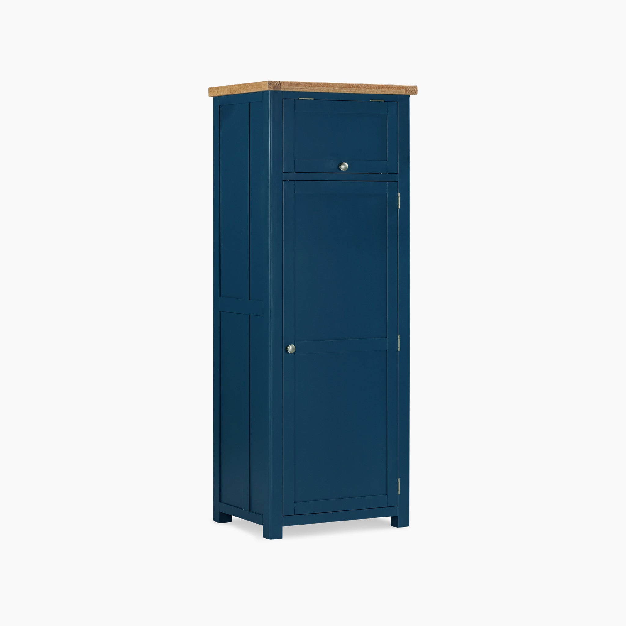 The Burford Single Larder Unit in Navy Blue is a tall cabinet featuring two doors and a drawer, complemented by a natural oak wooden top, making it ideal for kitchen storage against a white background.