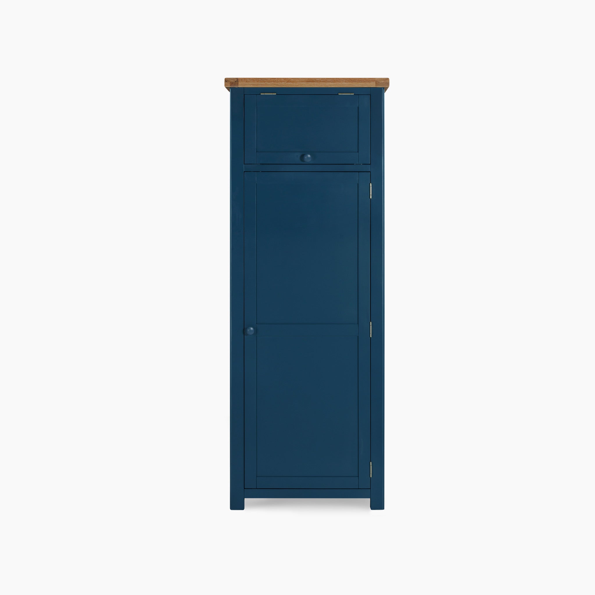 The Burford Single Larder Unit in Navy Blue is a tall cabinet with a natural oak top that includes a small upper drawer and a larger lower door, making it perfect for kitchen storage against a white background.