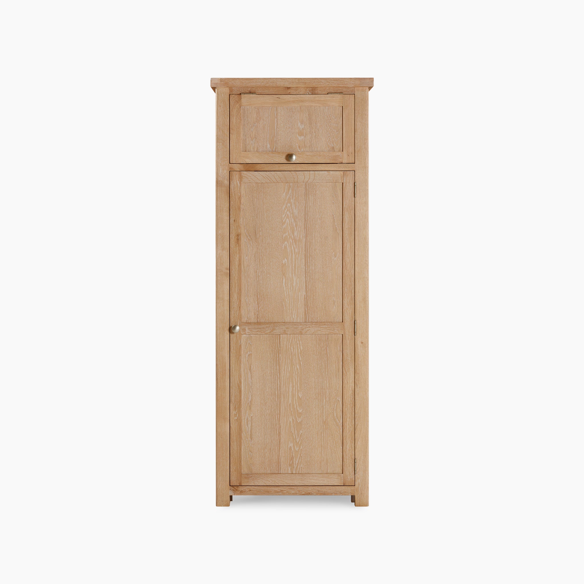 The Burford Single Larder Unit in Natural Oak is shown against a white background. It features two doors with brass knobs and serves as an excellent smart storage solution.