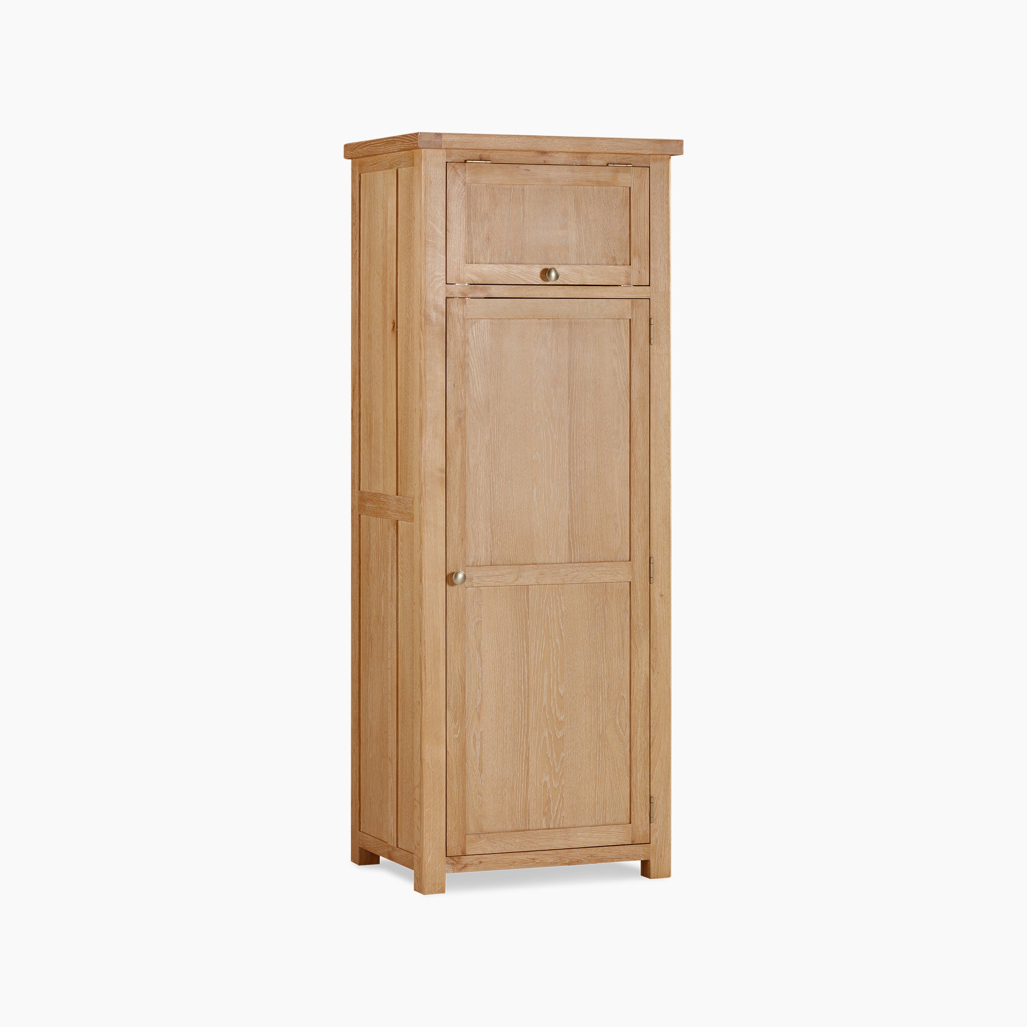 Burford Single Larder Unit in Natural Oak, featuring a tall wooden design with two doors and metal knobs, set against a plain background.