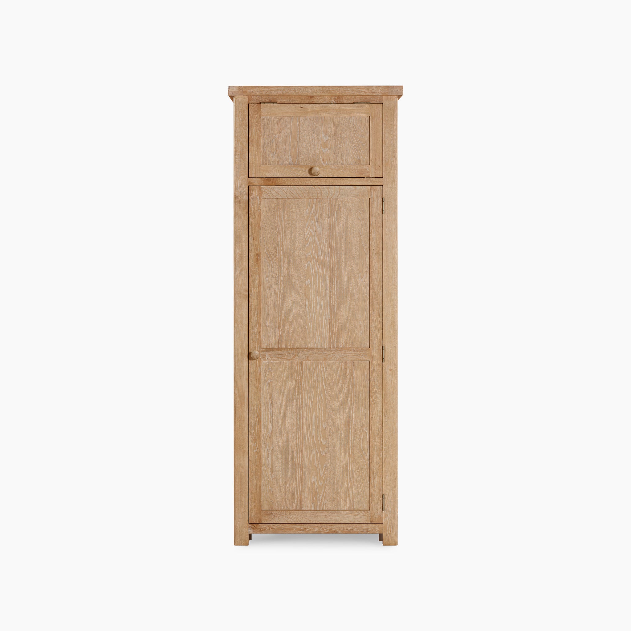 Burford Single Larder Unit in Natural Oak, a tall wooden piece with two closed doors offering smart storage solutions.