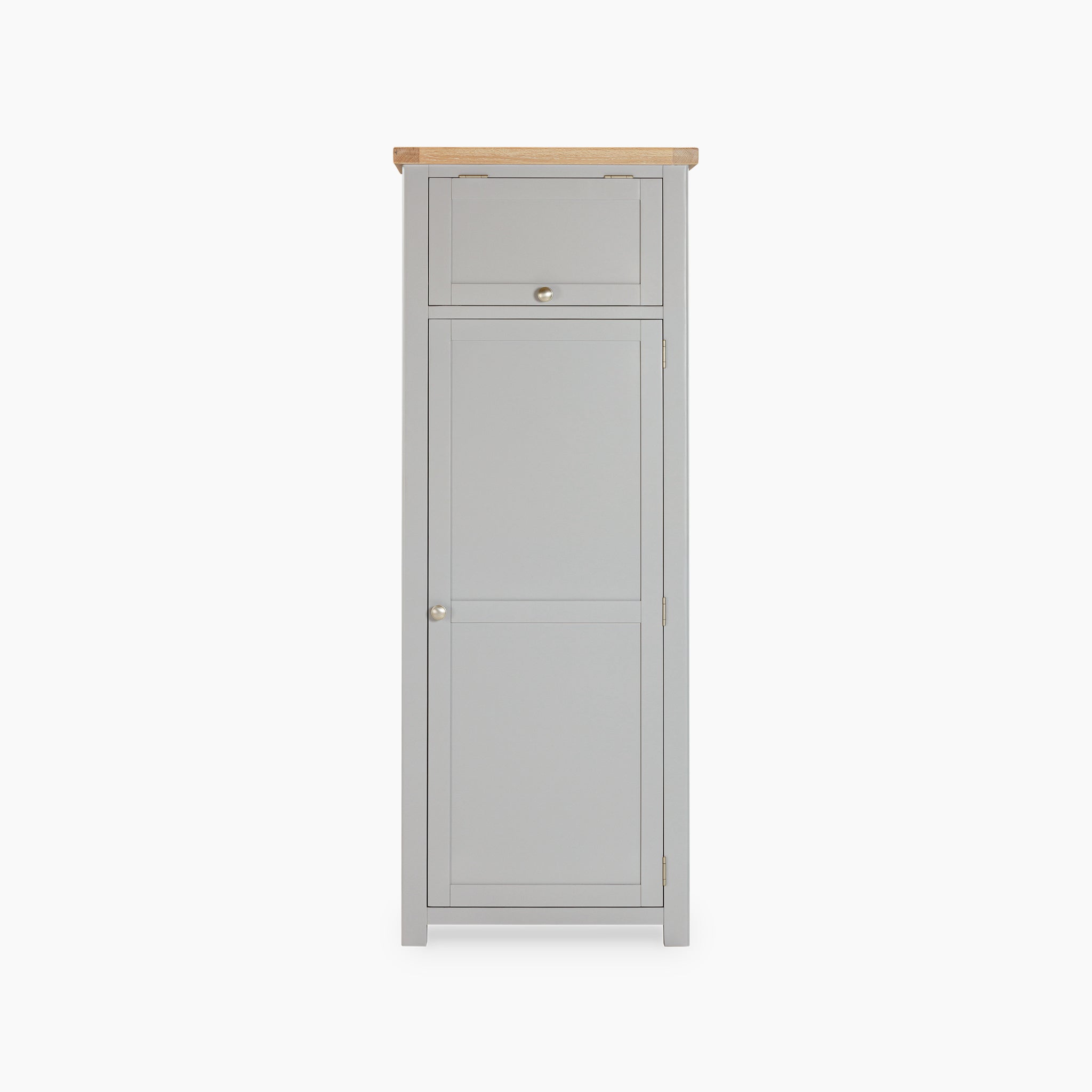 The Burford Single Larder Unit in Pebble Grey features a natural oak top, a single drawer, and two doors. Its minimalist design makes it perfect for kitchen storage against a white backdrop.