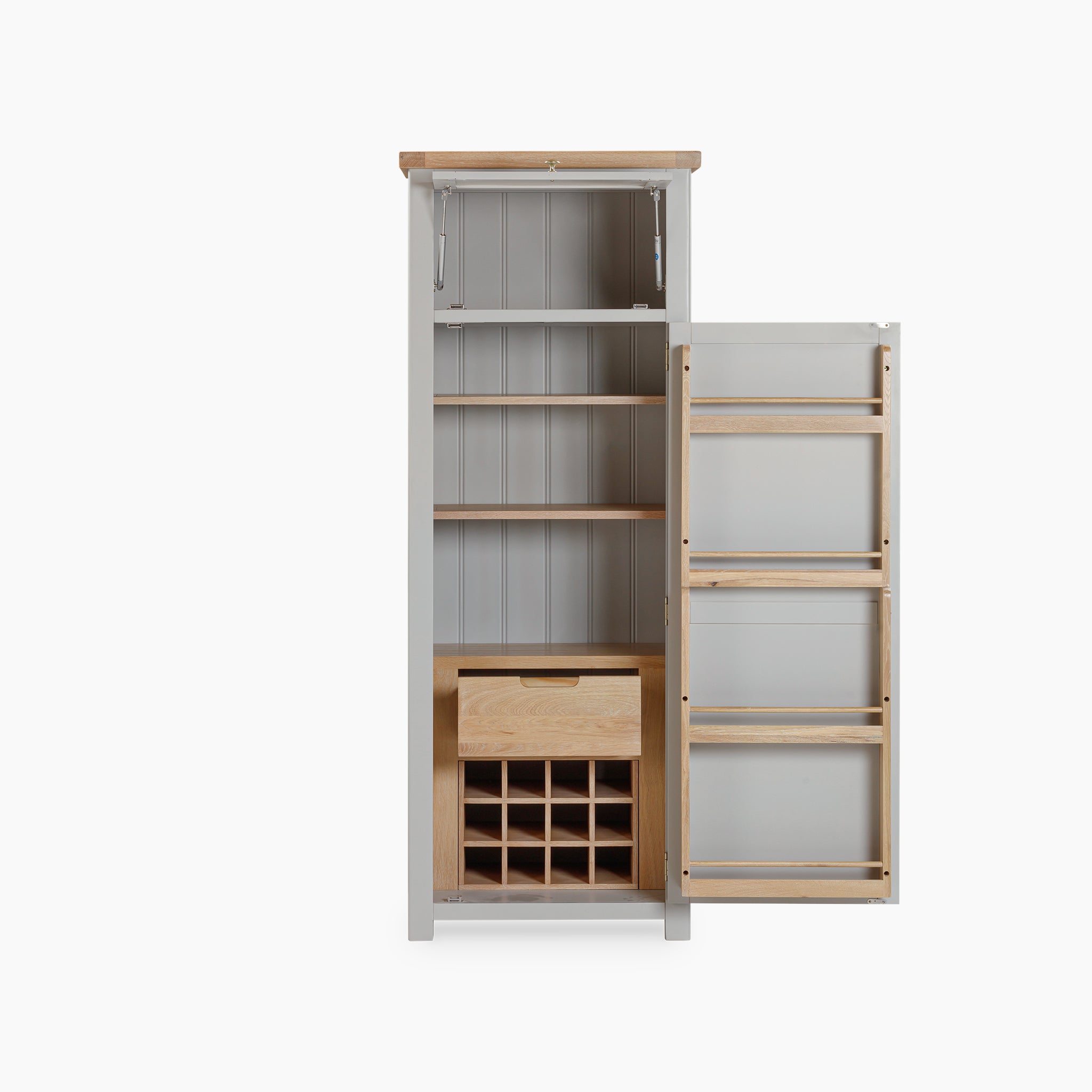 Pebble grey Burford Single Larder Unit with open door, showcasing shelves and a wine rack for optimal kitchen storage. The vertical storage shelves within the door boost functionality, while the natural oak finish lends a touch of elegance to this versatile larder unit.