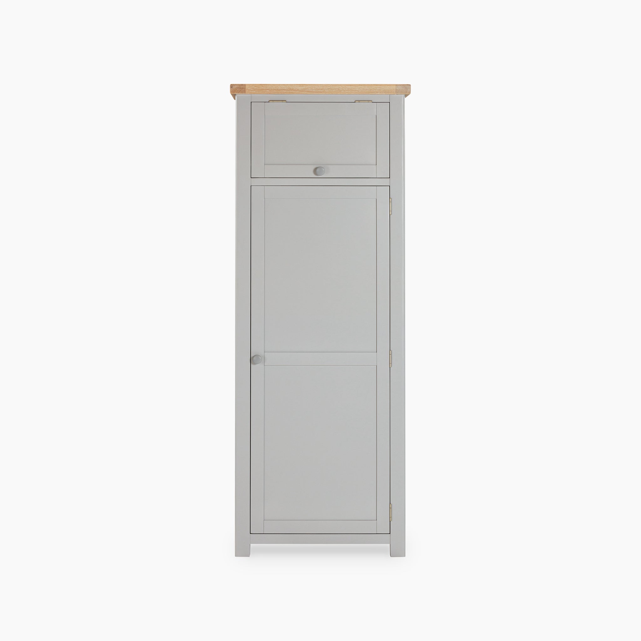 A tall Burford Single Larder Unit in Pebble Grey with a natural oak top and two doors stands against a plain background, providing stylish kitchen storage.