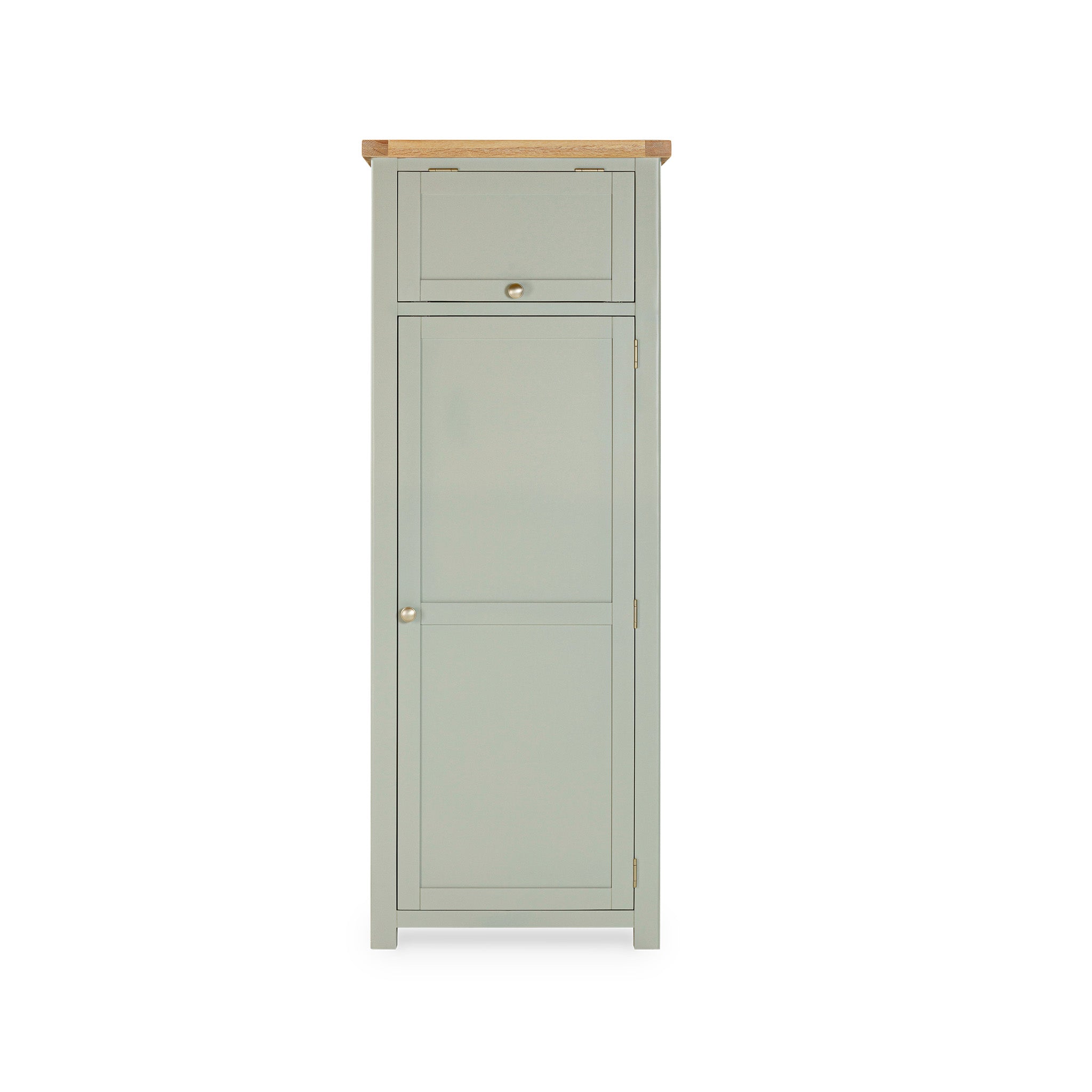 The Burford Single Larder Unit in Sage Green is a tall cabinet with a wooden top, ideal for kitchen storage, and includes both a drawer and a door with handles.