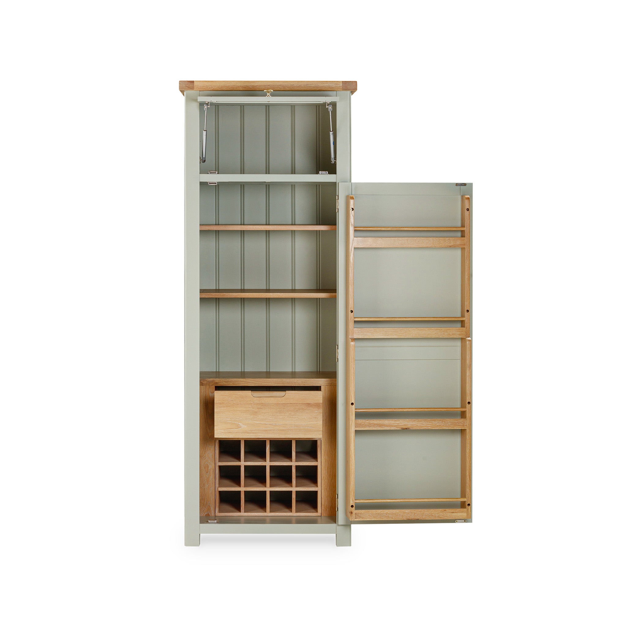 The Burford Single Larder Unit in Sage Green is a tall cabinet that boasts an open door, multiple shelves, a wine rack, and a wooden drawer at the base, making it ideal for boosting your kitchen storage.