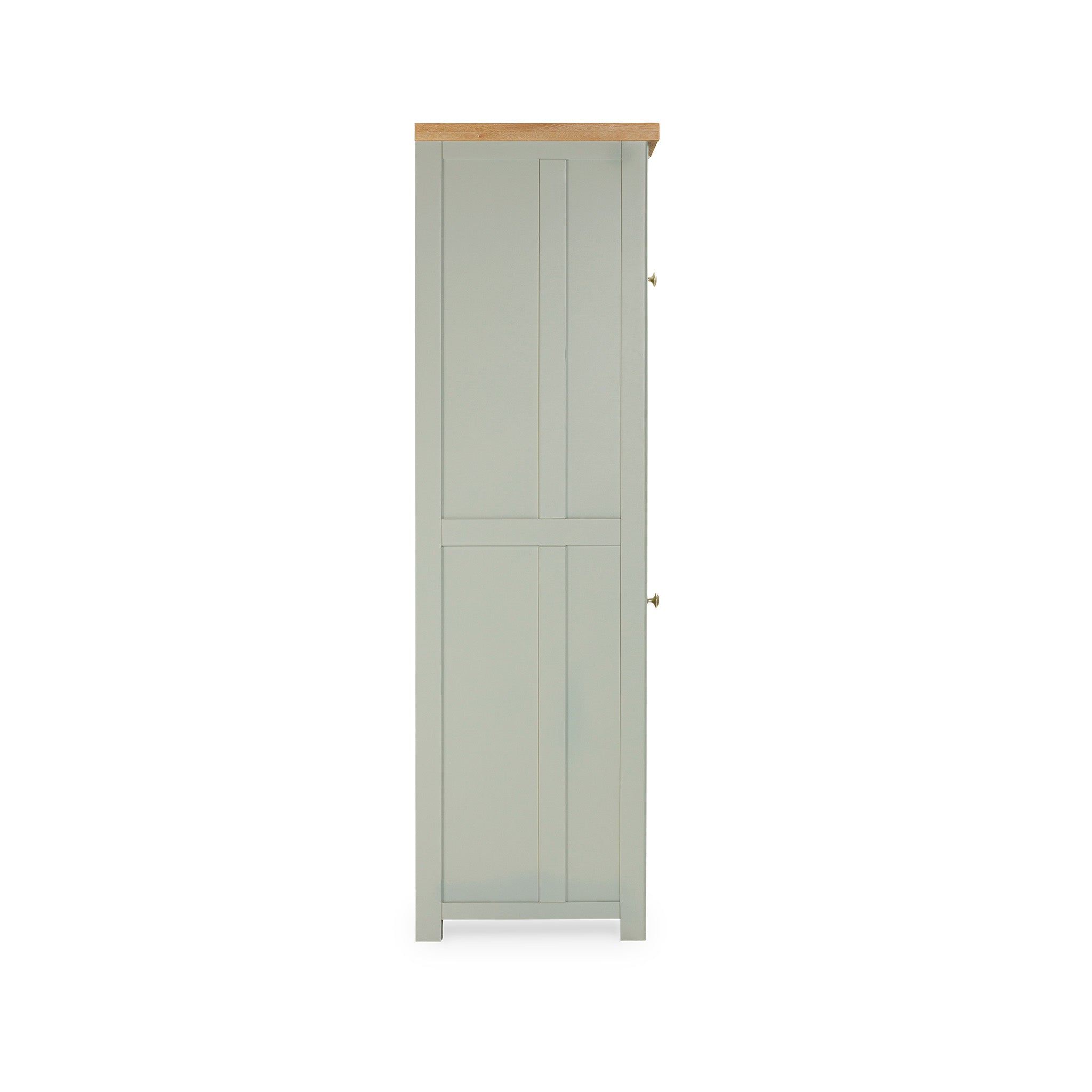 Side view of the Burford Single Larder Unit in Sage Green, showcasing its sage green panels with a brown top, perfect for elegant kitchen storage.