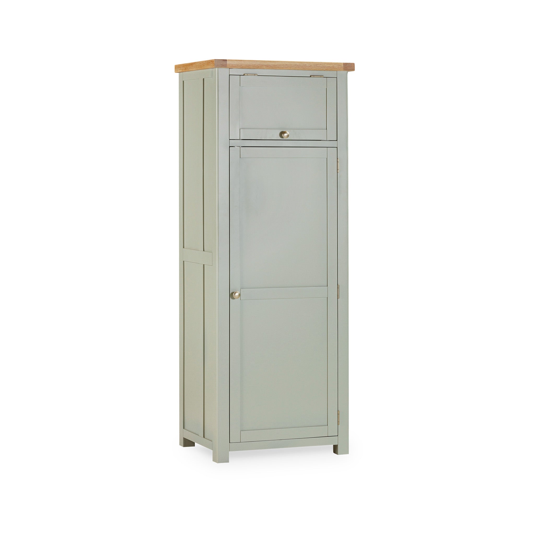 The Burford Single Larder Unit in Sage Green is a tall and elegant storage piece, featuring a wooden top and two doors adorned with brass knobs. It provides ample kitchen storage and stands gracefully against a plain background.