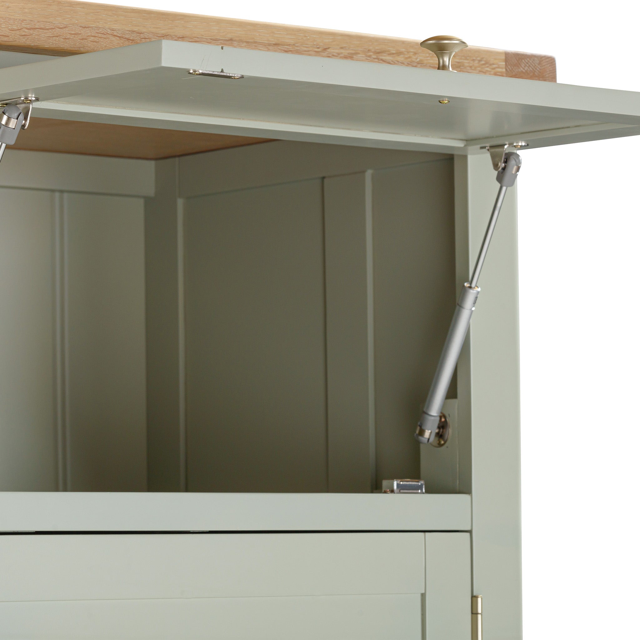 Introducing the Burford Single Larder Unit in Sage Green, a perfect addition to your kitchen storage. This cabinet features an open top lid with gas struts for secure and easy access.