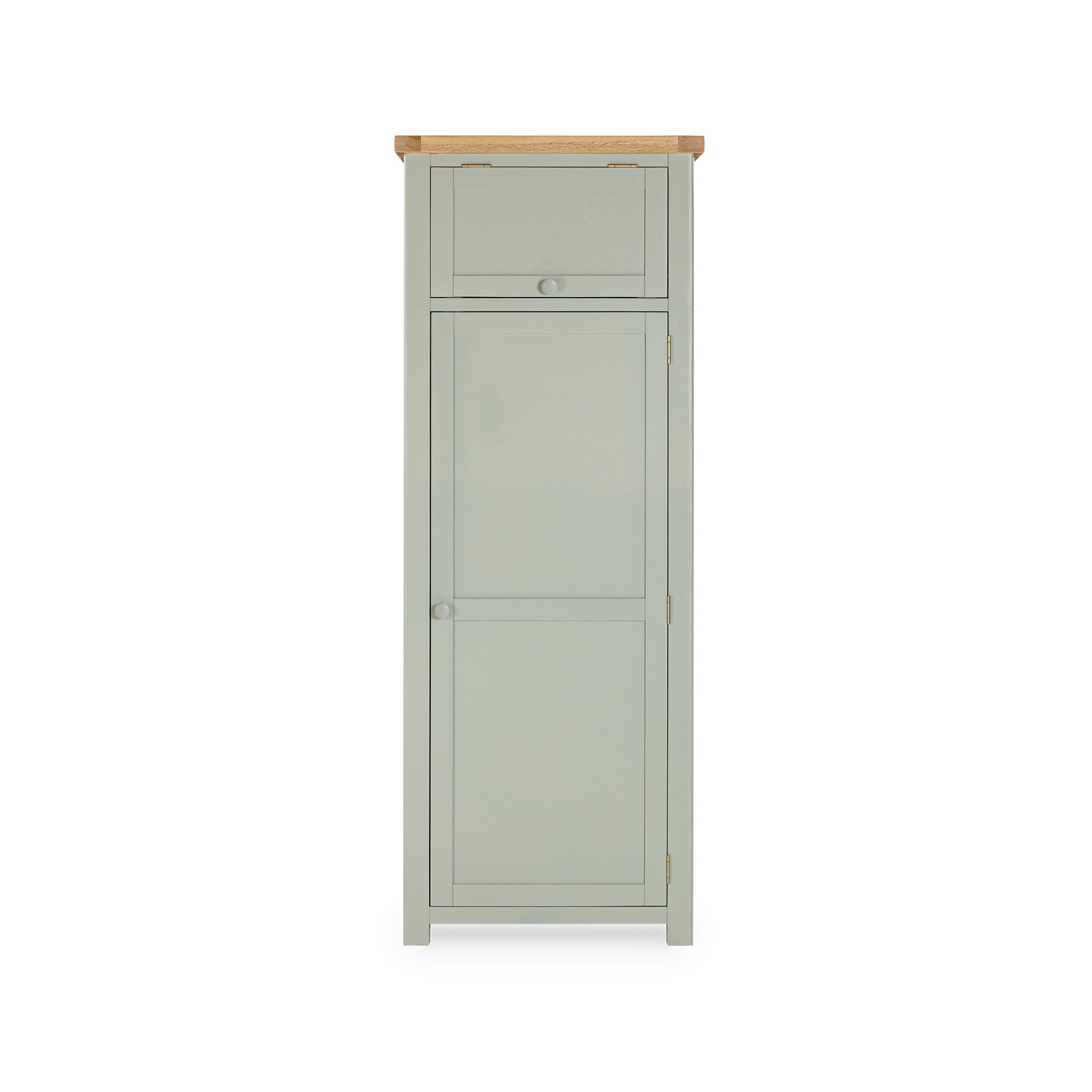 The Burford Single Larder Unit in Sage Green is a charming tall cabinet featuring a wooden top, ideal for kitchen storage. It boasts one large door and a small drawer at the top, perfect for all your organizational needs.