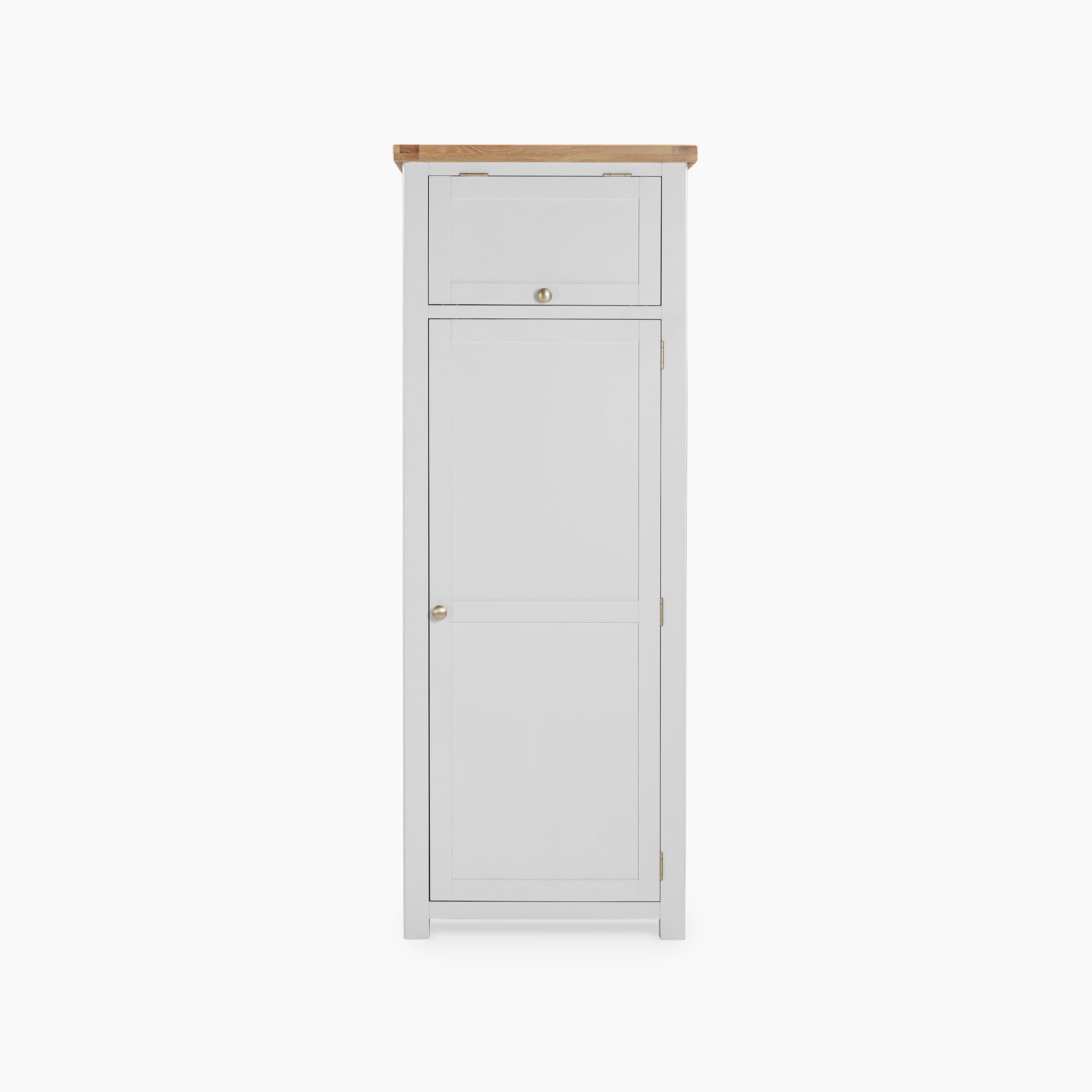 The Burford Single Larder Unit in Warm White is an ideal tall cabinet for kitchen storage, featuring a natural oak top, a small drawer, and a large door with elegant round handles.