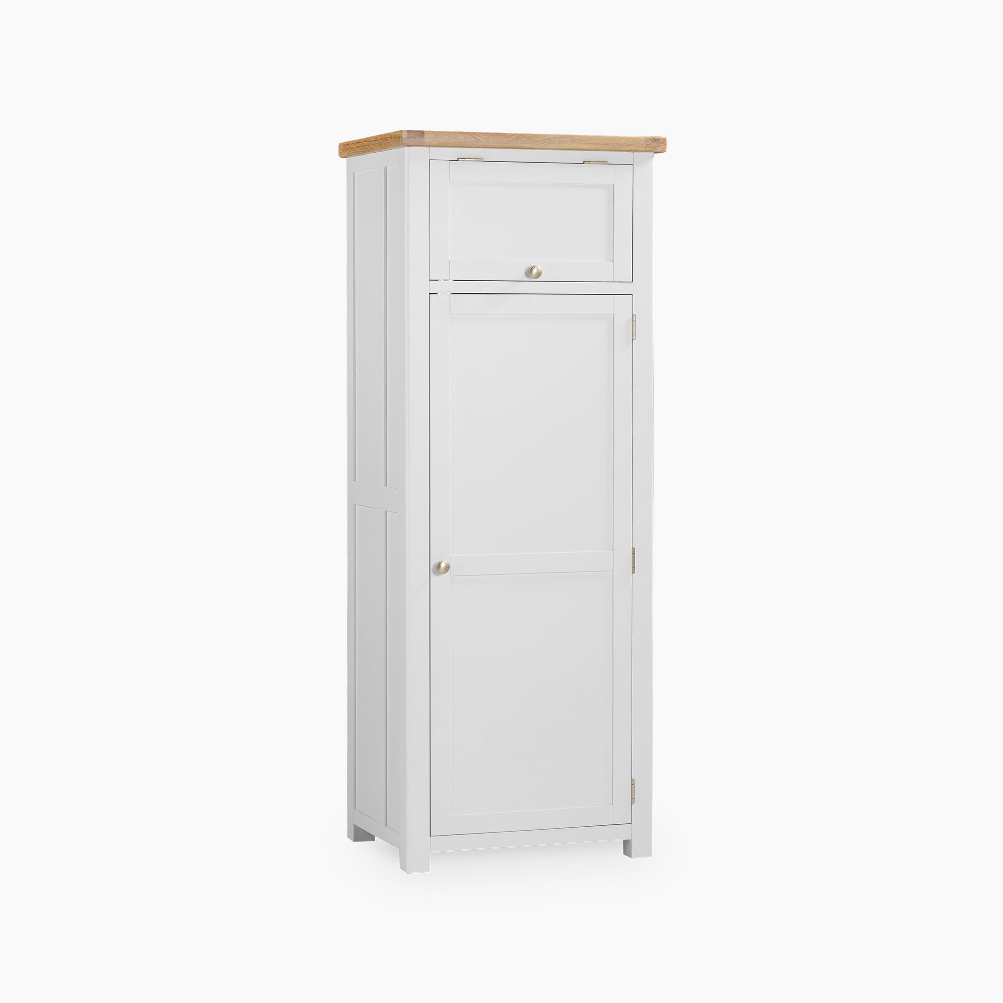 The Burford Single Larder Unit in Warm White is a wooden cabinet with a light brown top made from natural oak, featuring two doors with small round knobs, ideal for improving your kitchen storage.