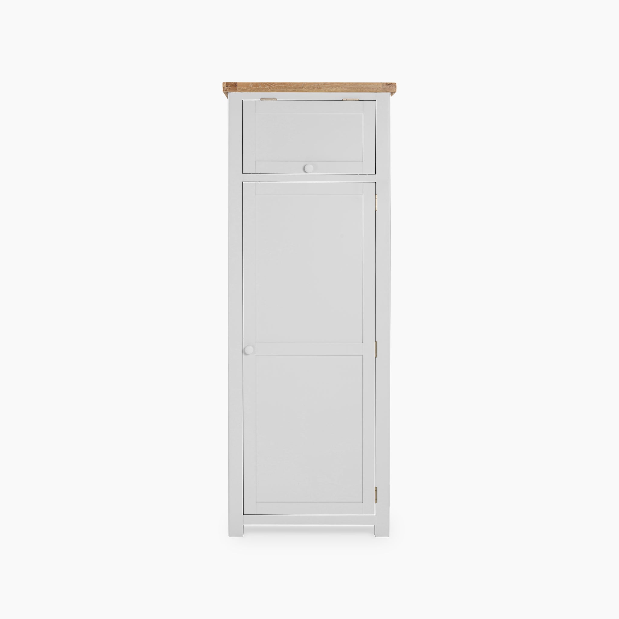 The Burford Single Larder Unit in Warm White is a wooden cabinet with a natural oak top, ideal for kitchen storage, featuring one drawer and two doors.