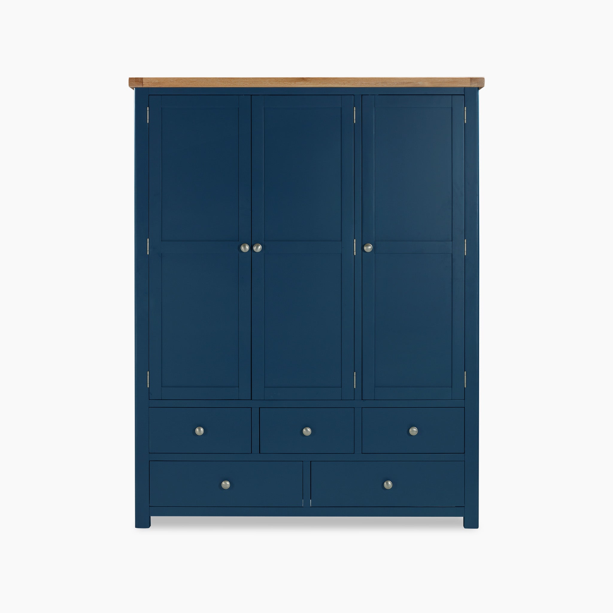 The Burford Triple Larder Unit in Navy Blue showcases a solid oak top and includes multiple doors and drawers, set against a plain white background.