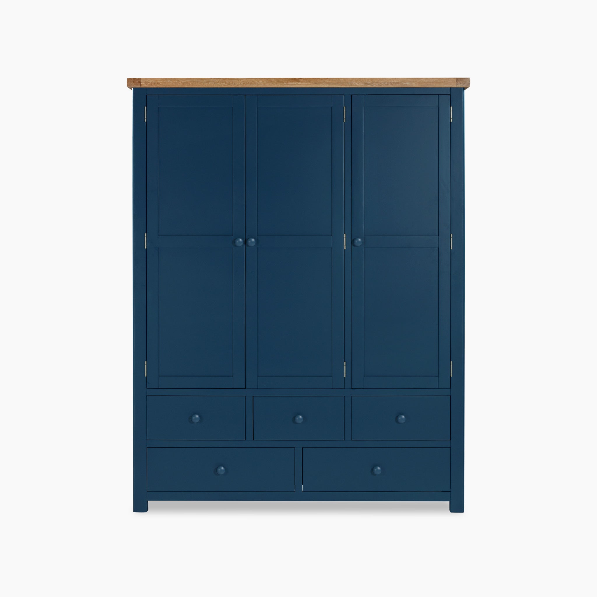 The Burford Triple Larder Unit in Navy Blue is a wooden wardrobe featuring three doors and five drawers, beautifully accented by a solid oak top for an elegant touch.