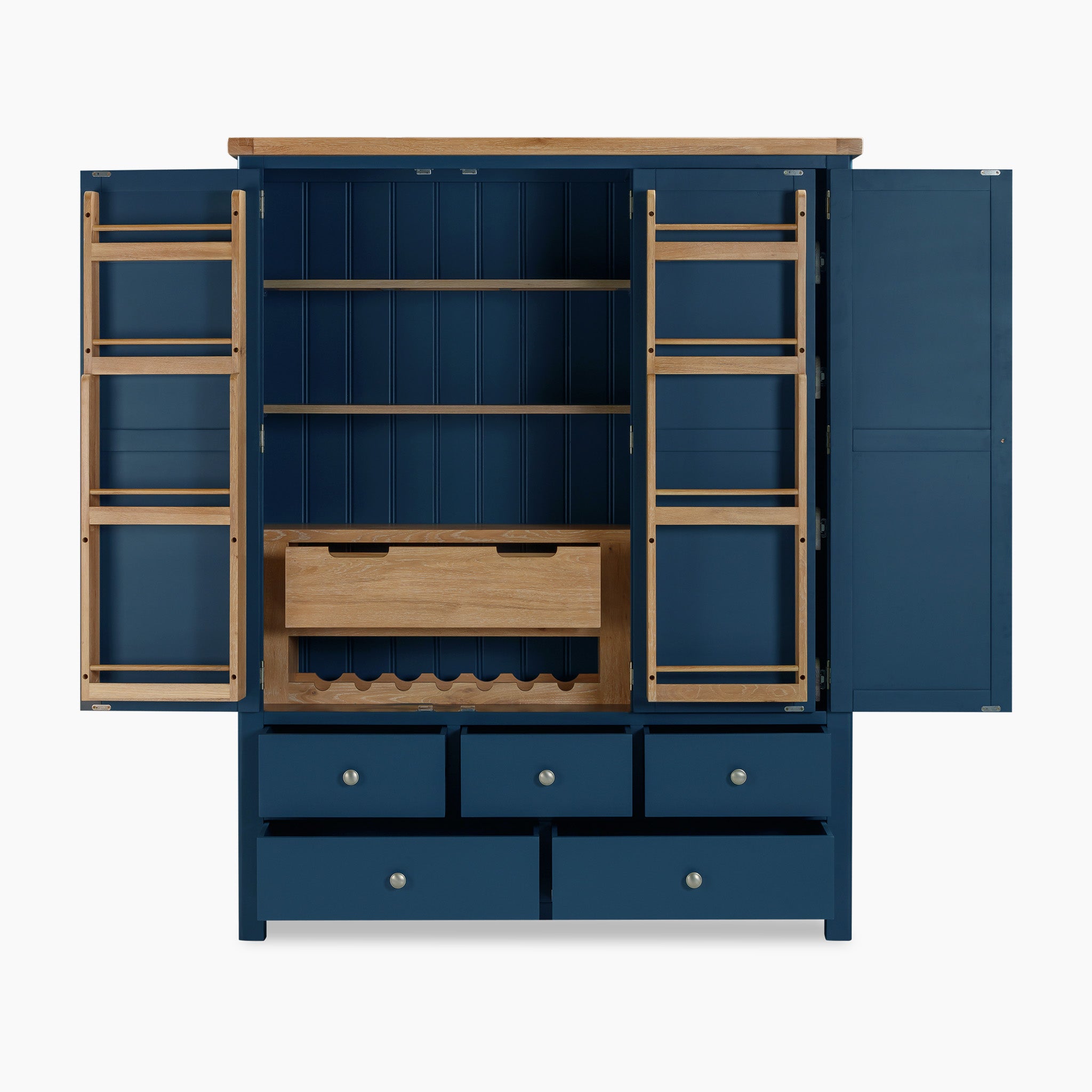 The Burford Triple Larder Unit in Navy Blue features an open design with various shelves, drawers, and a wooden wine rack. Its solid oak top adds elegance, making it both functional and stylish.