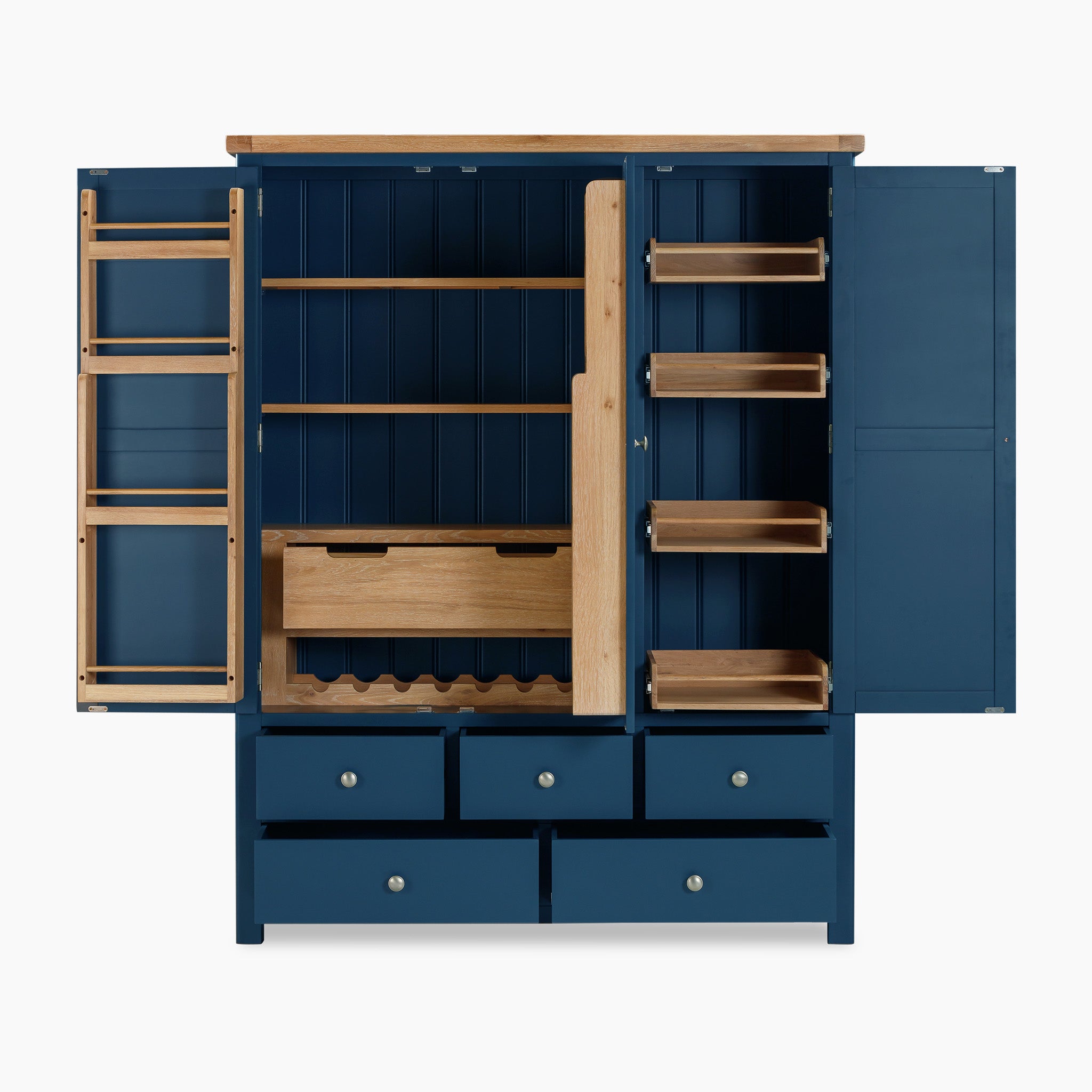 Explore the Burford Triple Larder Unit in Navy Blue, a sophisticated wooden cabinet designed with ample shelves, doors, and drawers to meet all your storage requirements. Finished with a solid oak top, it seamlessly merges style with functionality.