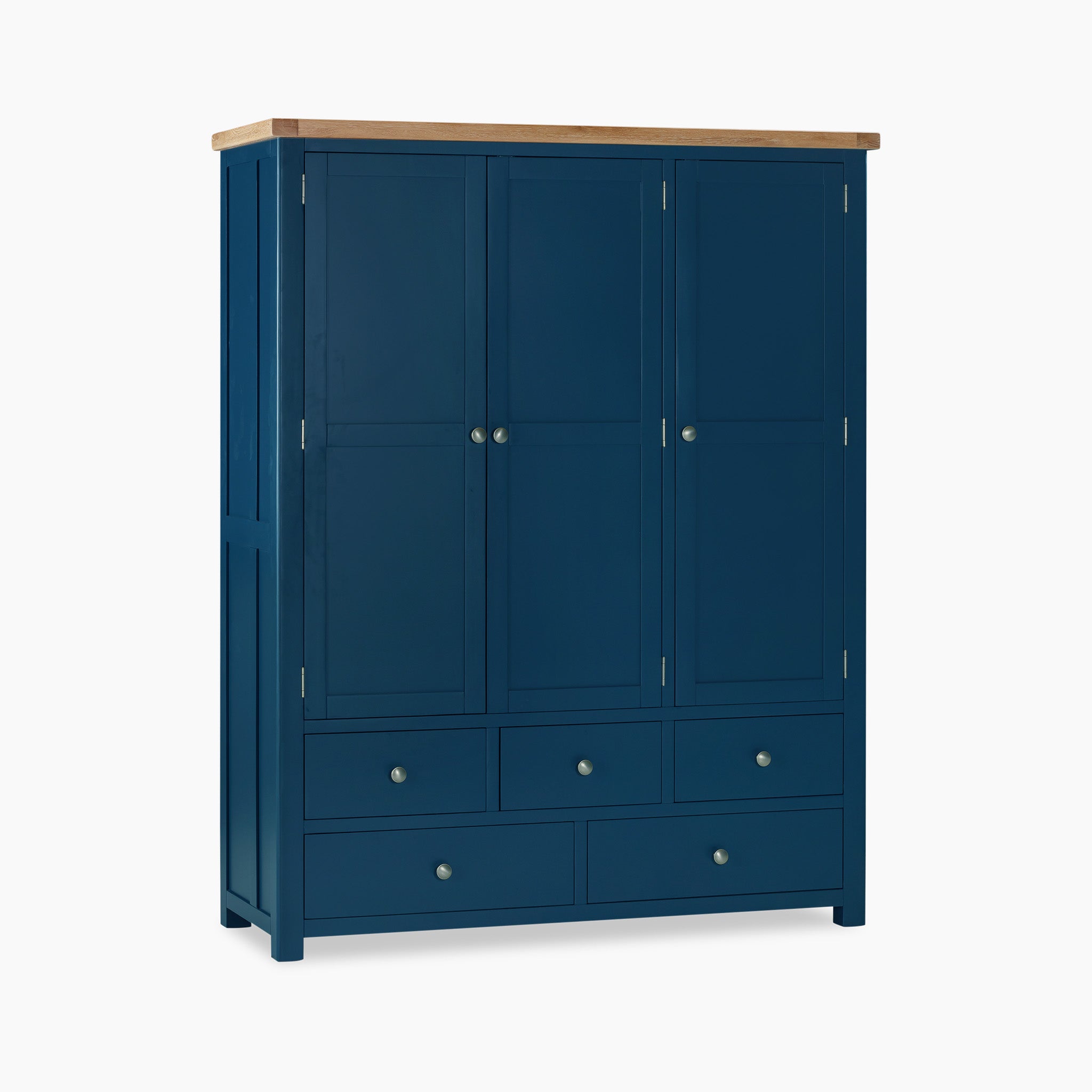 The Burford Triple Larder Unit in Navy Blue is a wooden wardrobe featuring three doors, five drawers, and a solid oak top.