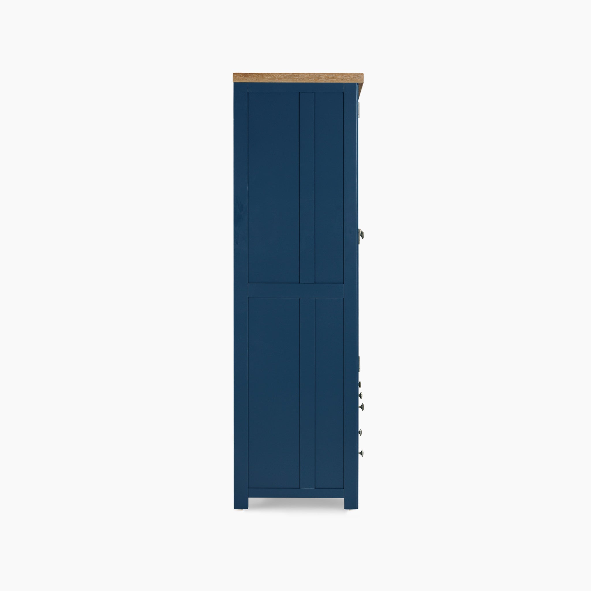 Side view of the Burford Triple Larder Unit in Navy Blue, featuring a solid oak top, set against a white background.