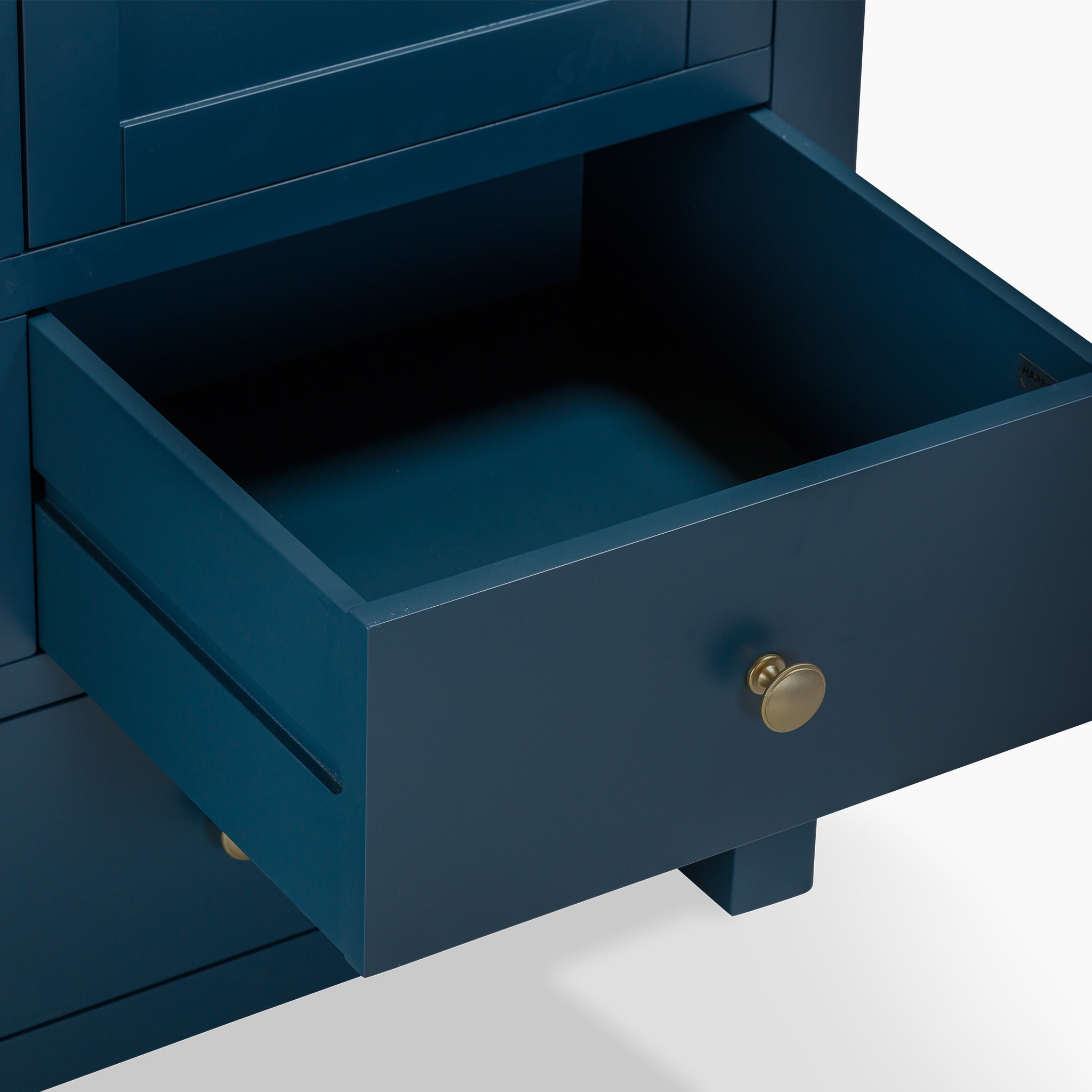 Open the Burford Triple Larder Unit in Navy Blue, featuring a drawer with a gold knob and enhanced by a solid oak top set against a light background.