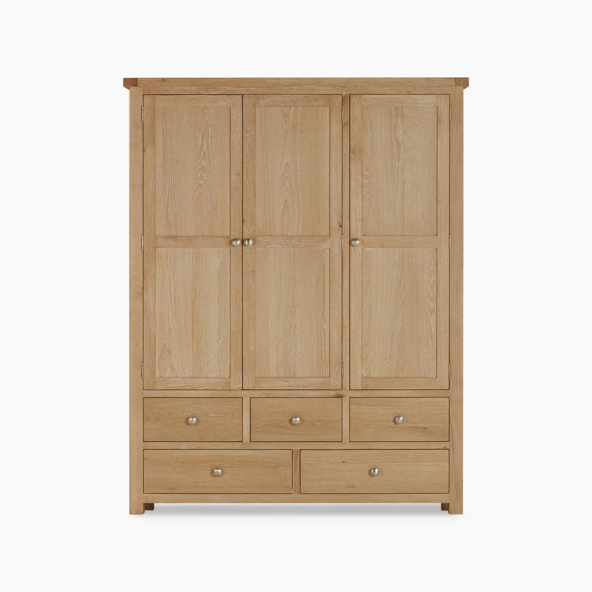 Burford Triple Larder Unit in Natural Oak with three doors, six drawers, and silver handles.