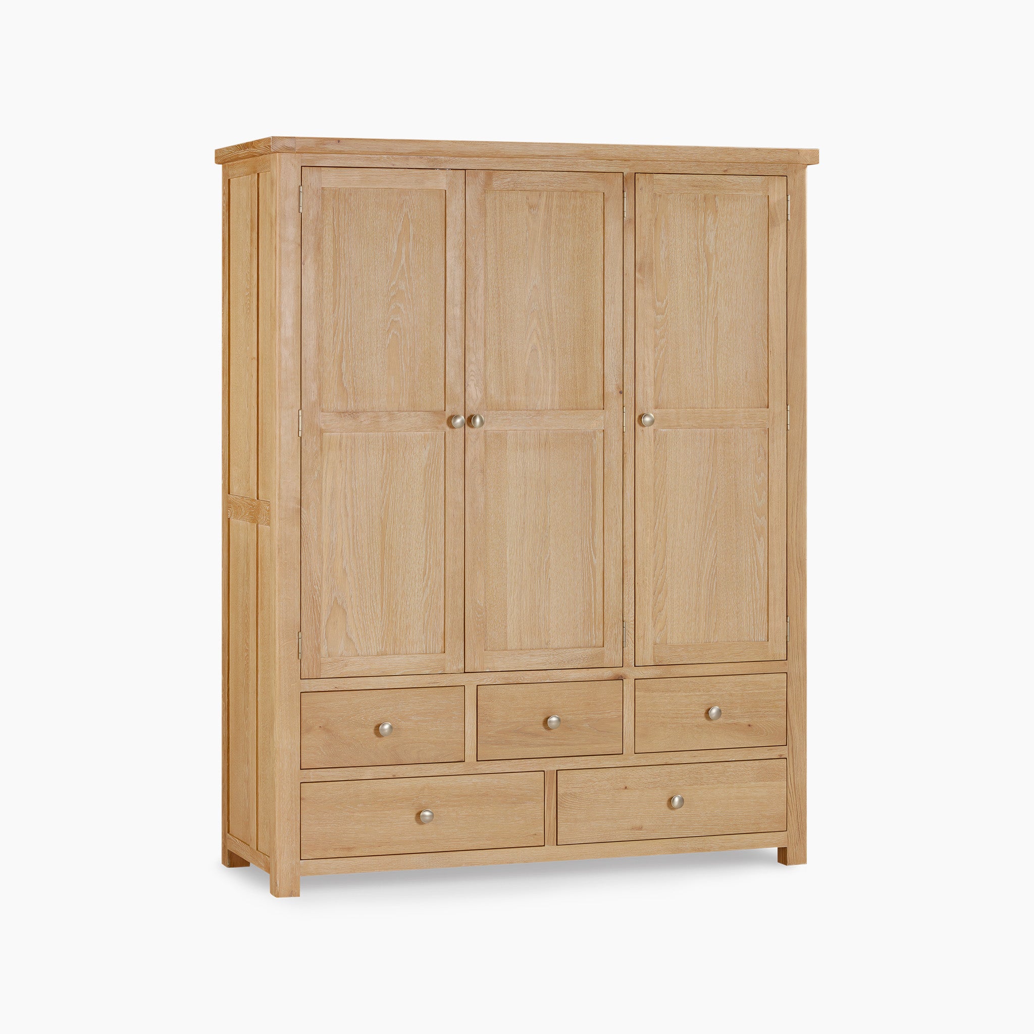 Burford Triple Larder Unit in Natural Oak with three doors and five drawers, featuring round metal handles—ideal for kitchen storage.