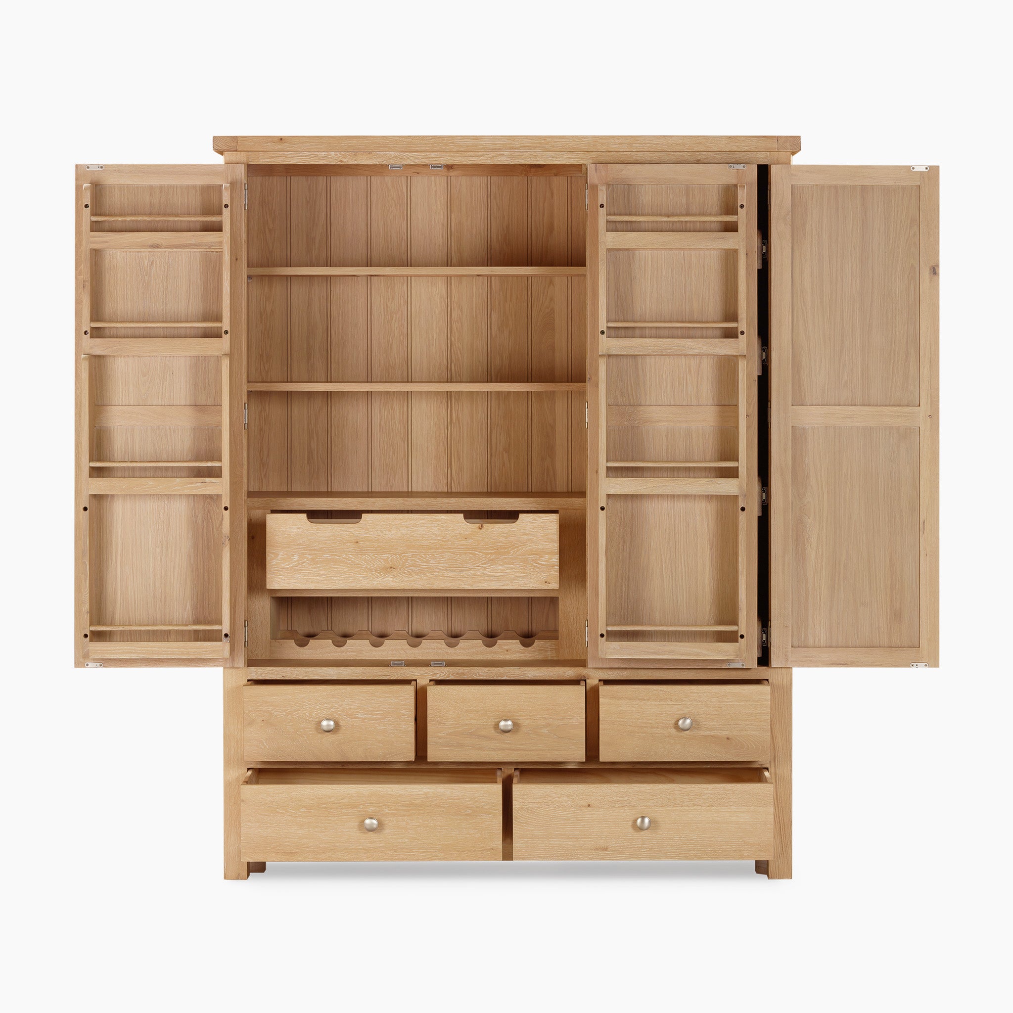 The Burford Triple Larder Unit in Natural Oak is an exquisite wooden cabinet featuring open doors, ample shelves, convenient drawers, and a built-in wine rack. Perfect for kitchen storage, this elegant larder unit effortlessly organizes all your essentials.