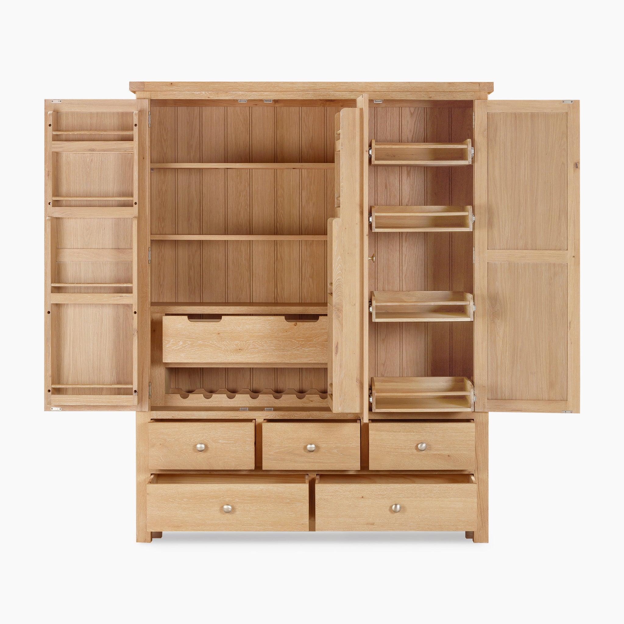 Explore the Burford Triple Larder Unit in Natural Oak, an elegant open wooden cabinet equipped with multiple shelves, drawers, and double doors. This stylish unit also features a wine rack at the bottom center, making it a perfect choice for kitchen storage with a touch of flair.