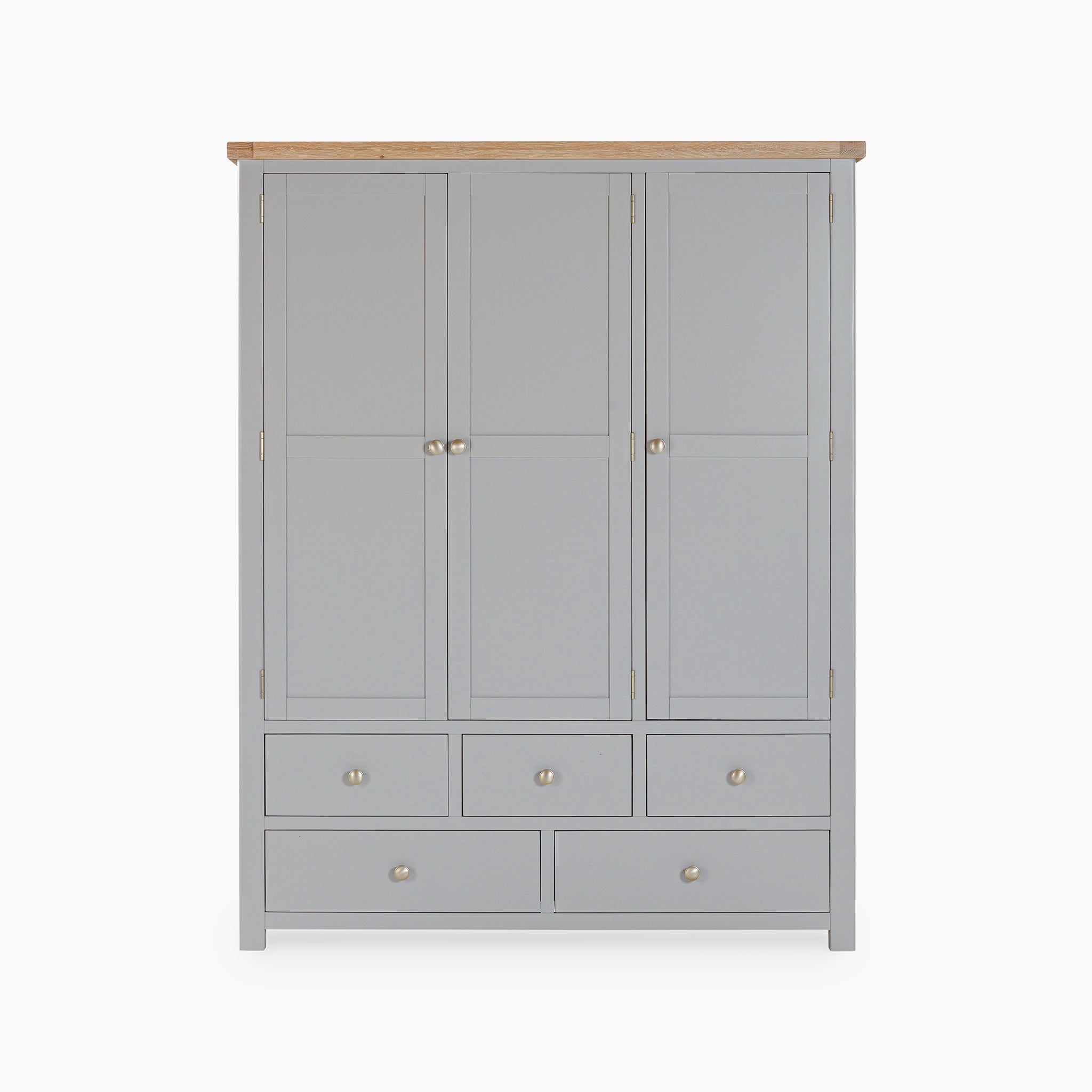 The Burford Triple Larder Unit in Pebble Grey is a gray wooden wardrobe with six drawers and three doors, featuring a natural oak top. It's perfect for those looking for stylish kitchen storage solutions.