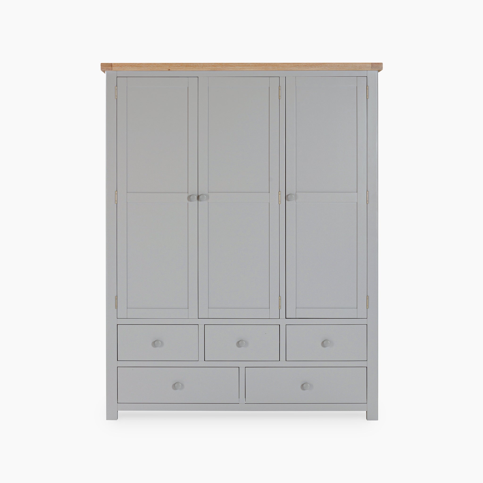 The Burford Triple Larder Unit in Pebble Grey, a wooden wardrobe with three doors and five drawers, features a natural oak top, offering stylish kitchen storage solutions.