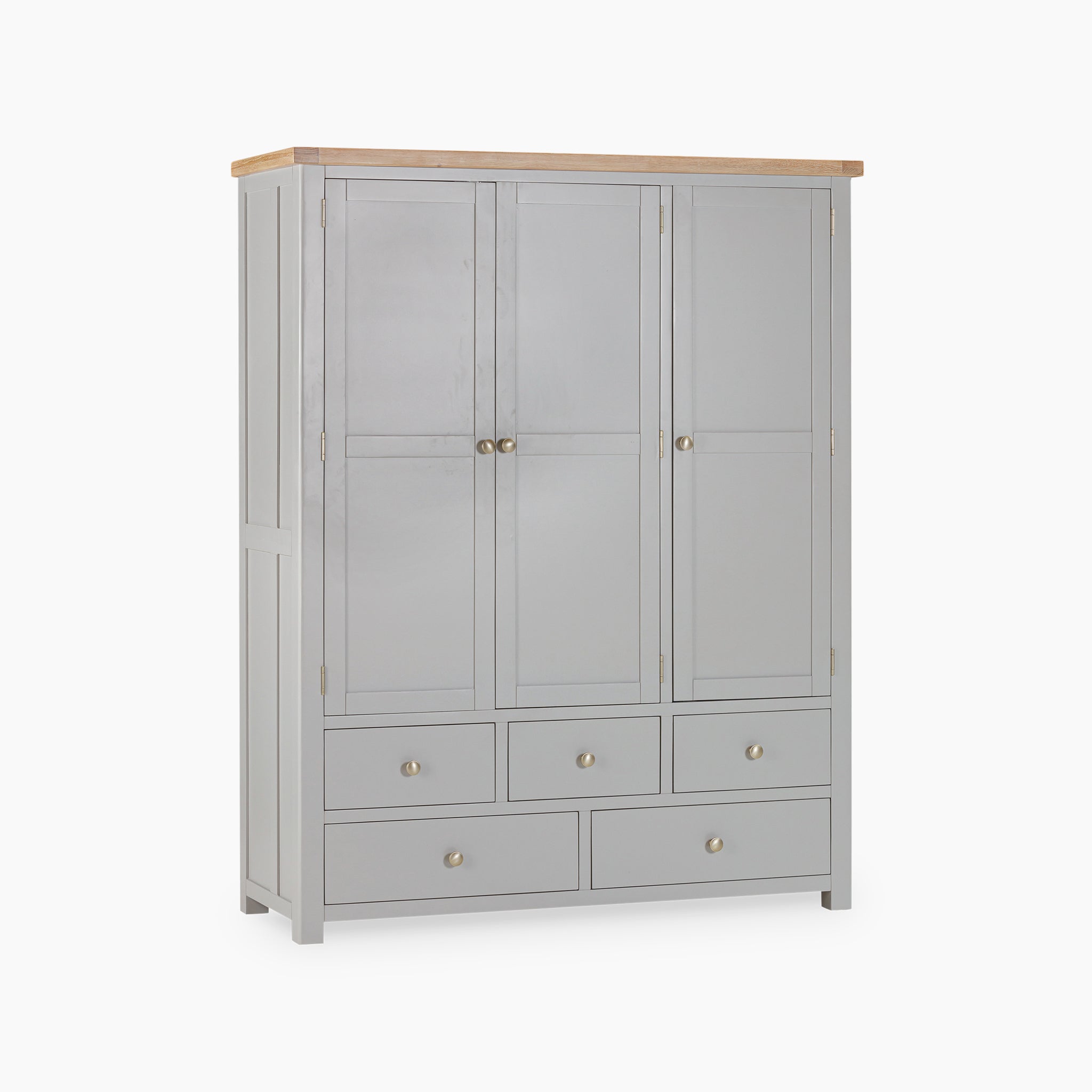 Introducing the Burford Triple Larder Unit in Pebble Grey: a wardrobe featuring a natural oak wooden top, three doors, and five drawers adorned with round metal knobs. This elegant piece is perfect for kitchen storage solutions.