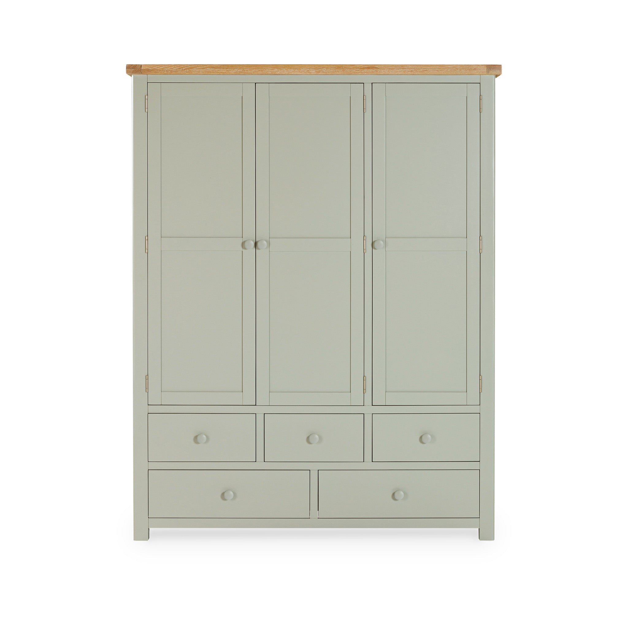 Sage green Burford Triple Larder Unit with a wooden top, featuring three doors and five drawers, perfect for stylish kitchen storage.