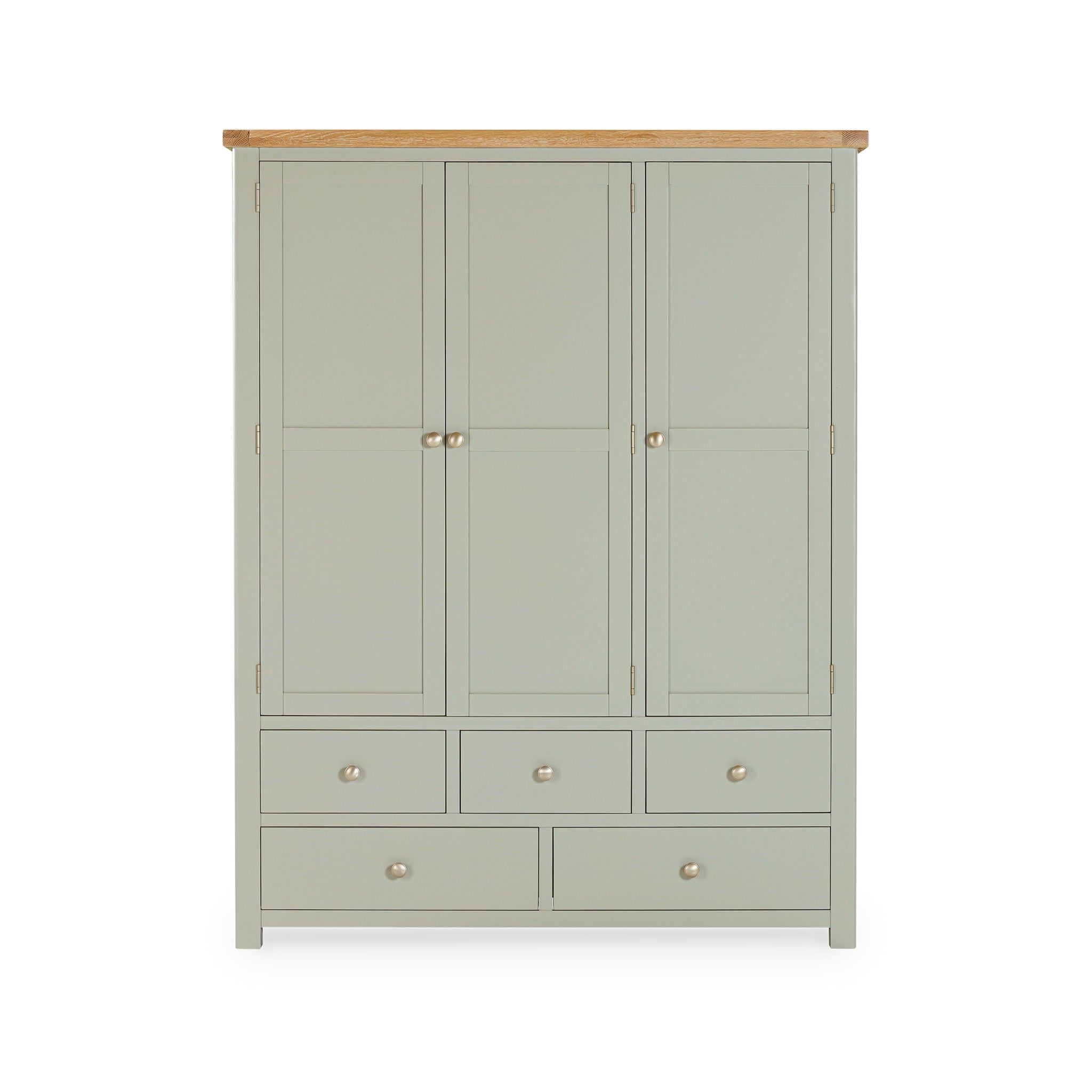 The Burford Triple Larder Unit in Sage Green includes a wooden top, two doors, and six drawers with round knobs, making it perfect for kitchen storage.