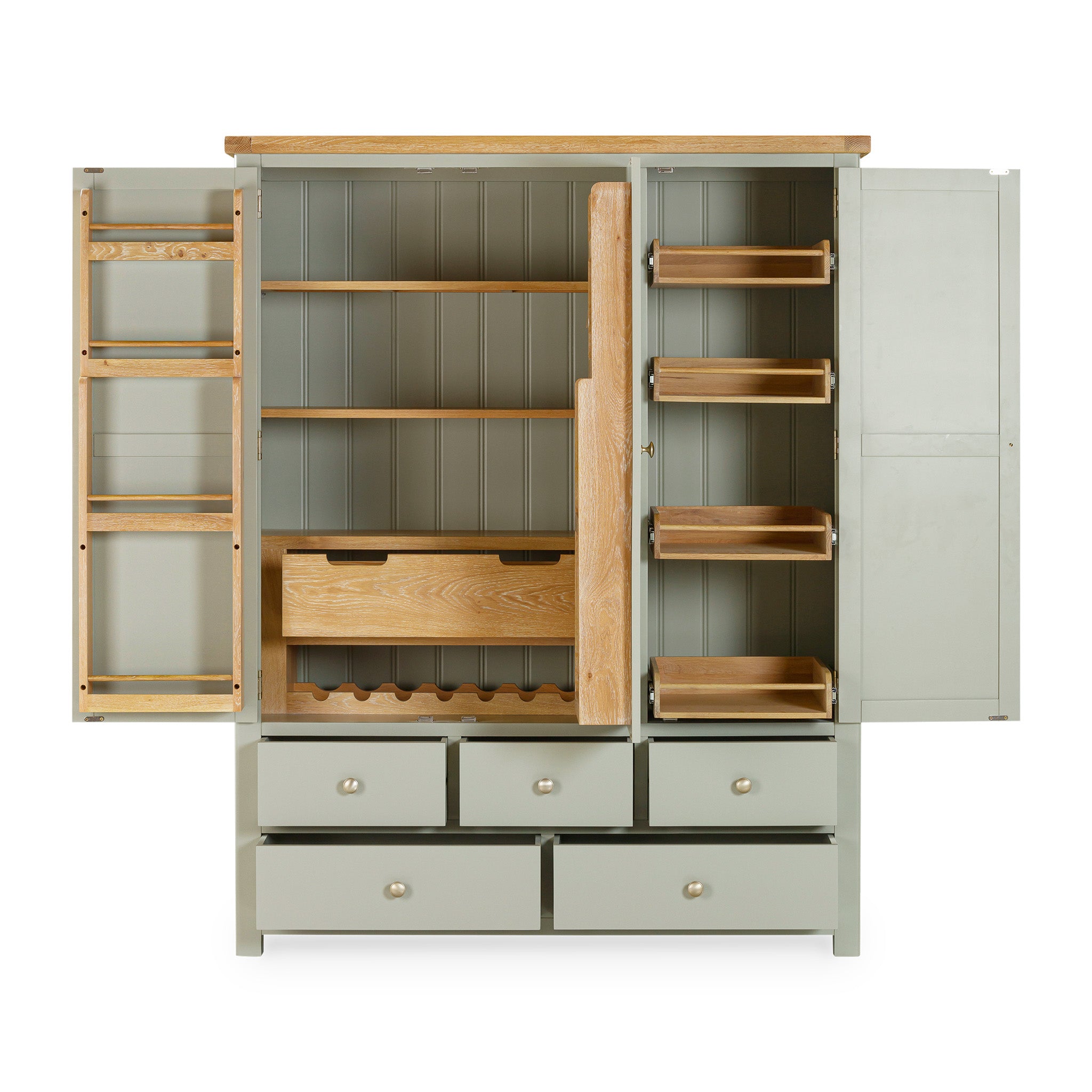 The Burford Triple Larder Unit in a sage green finish features an open wooden cabinet design with shelves, drawers, vertical slots, and a wine rack. It's an ideal kitchen storage solution with a neutral color palette that complements any decor.