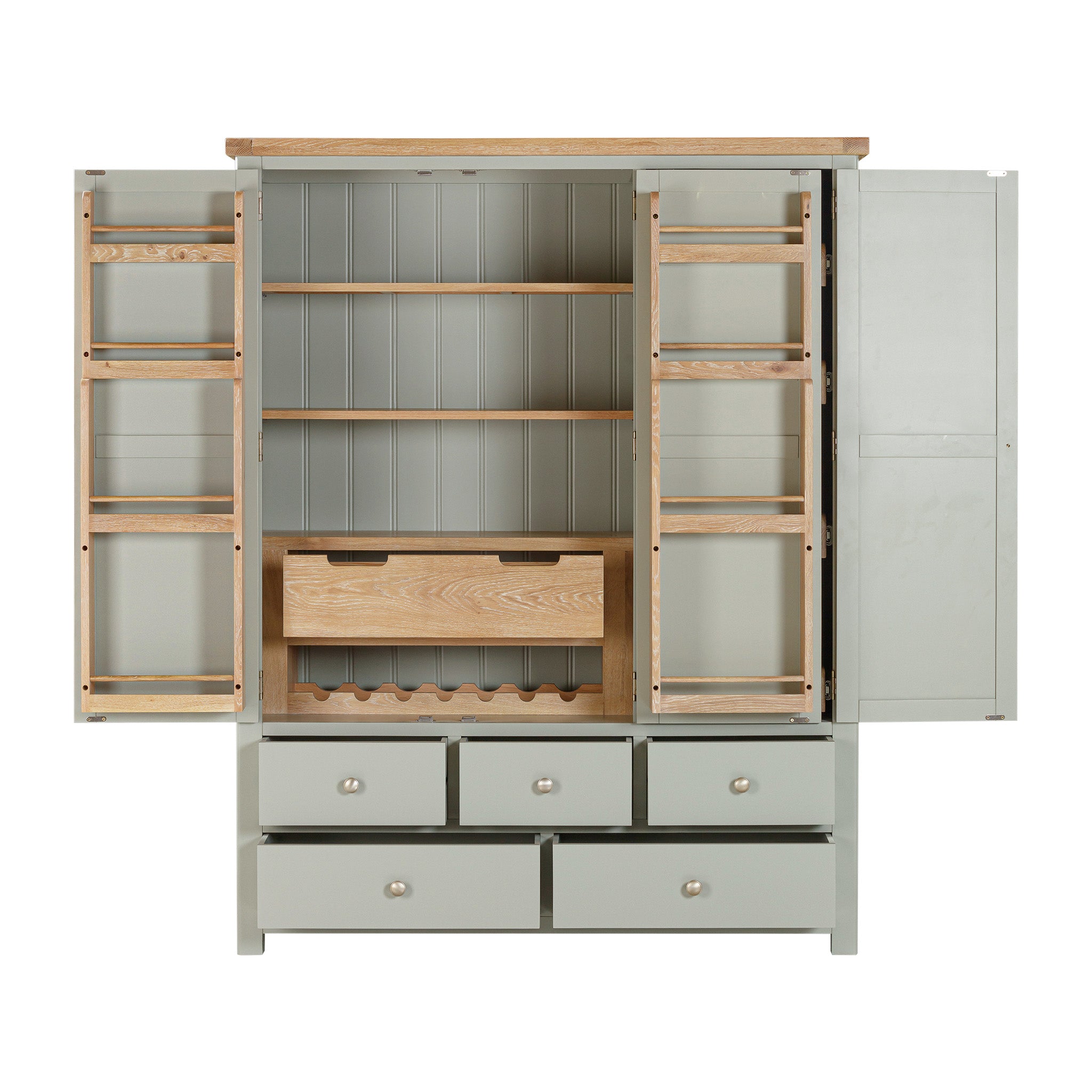 The Burford Triple Larder Unit in Sage Green features open doors, shelves, and eight drawers, making it perfect for kitchen storage with its built-in wine rack.