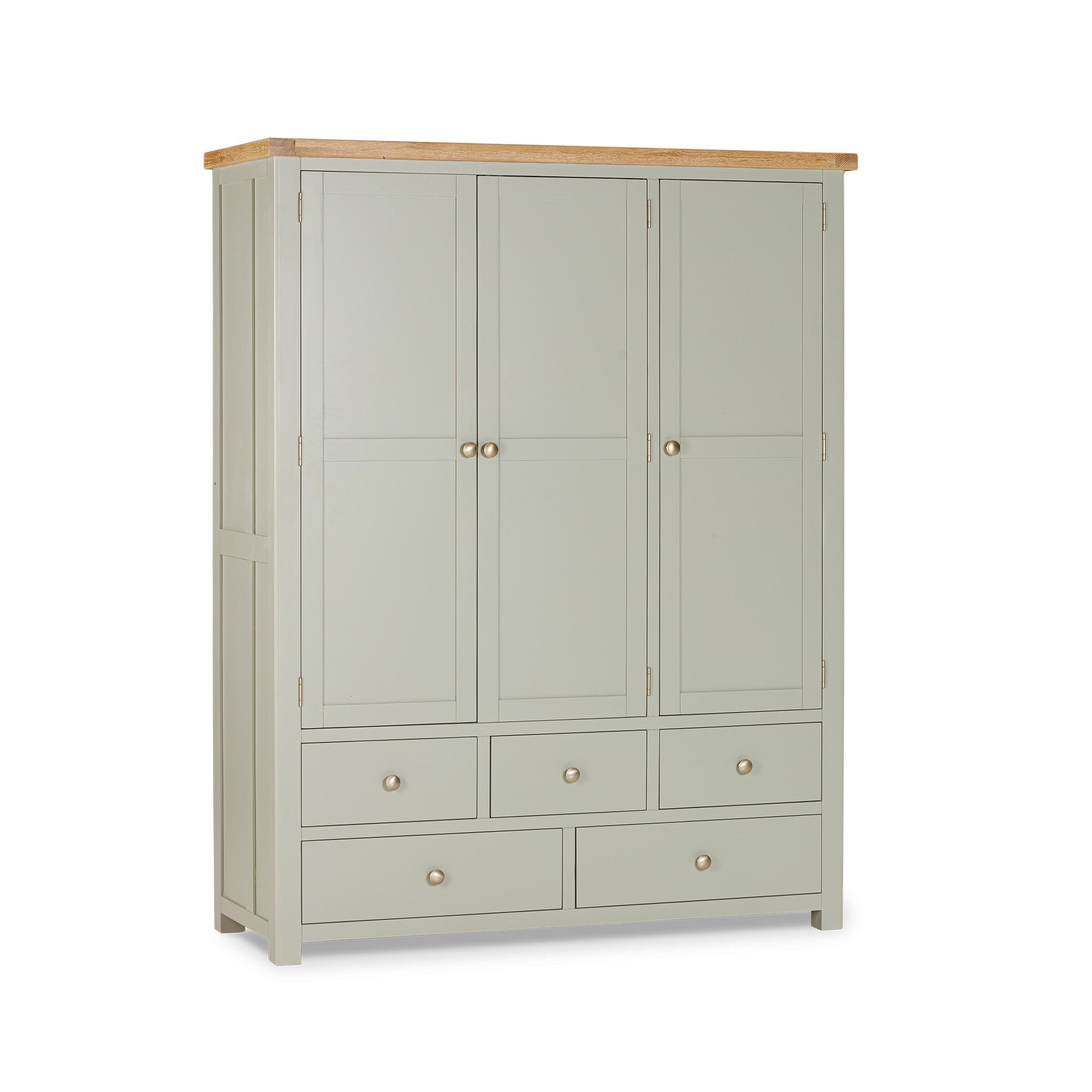 Burford Triple Larder Unit in Sage Green with a wooden top, featuring four drawers and three doors adorned with round handles, perfect for kitchen storage.