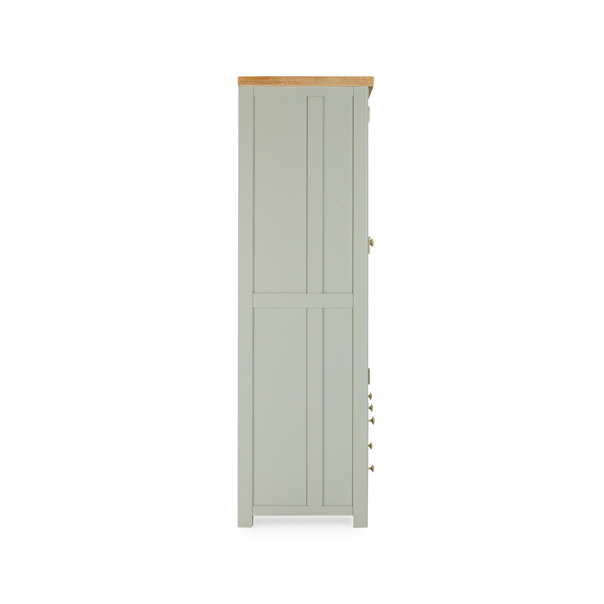 Side view of the Burford Triple Larder Unit in sage green with a natural wood top, set against a white background.