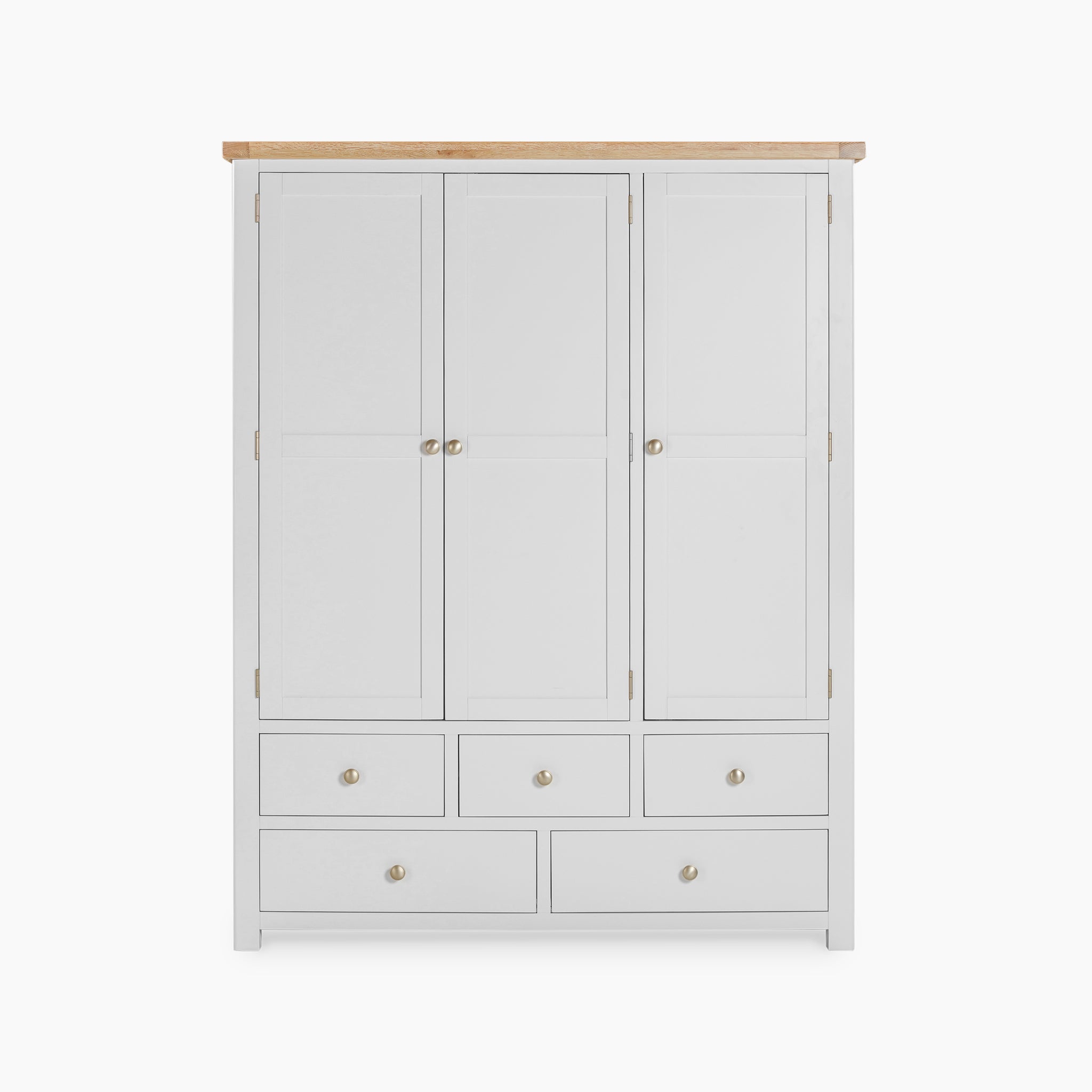 The Burford Triple Larder Unit in Warm White provides versatile storage options with its three doors, six drawers, and a natural wood top.