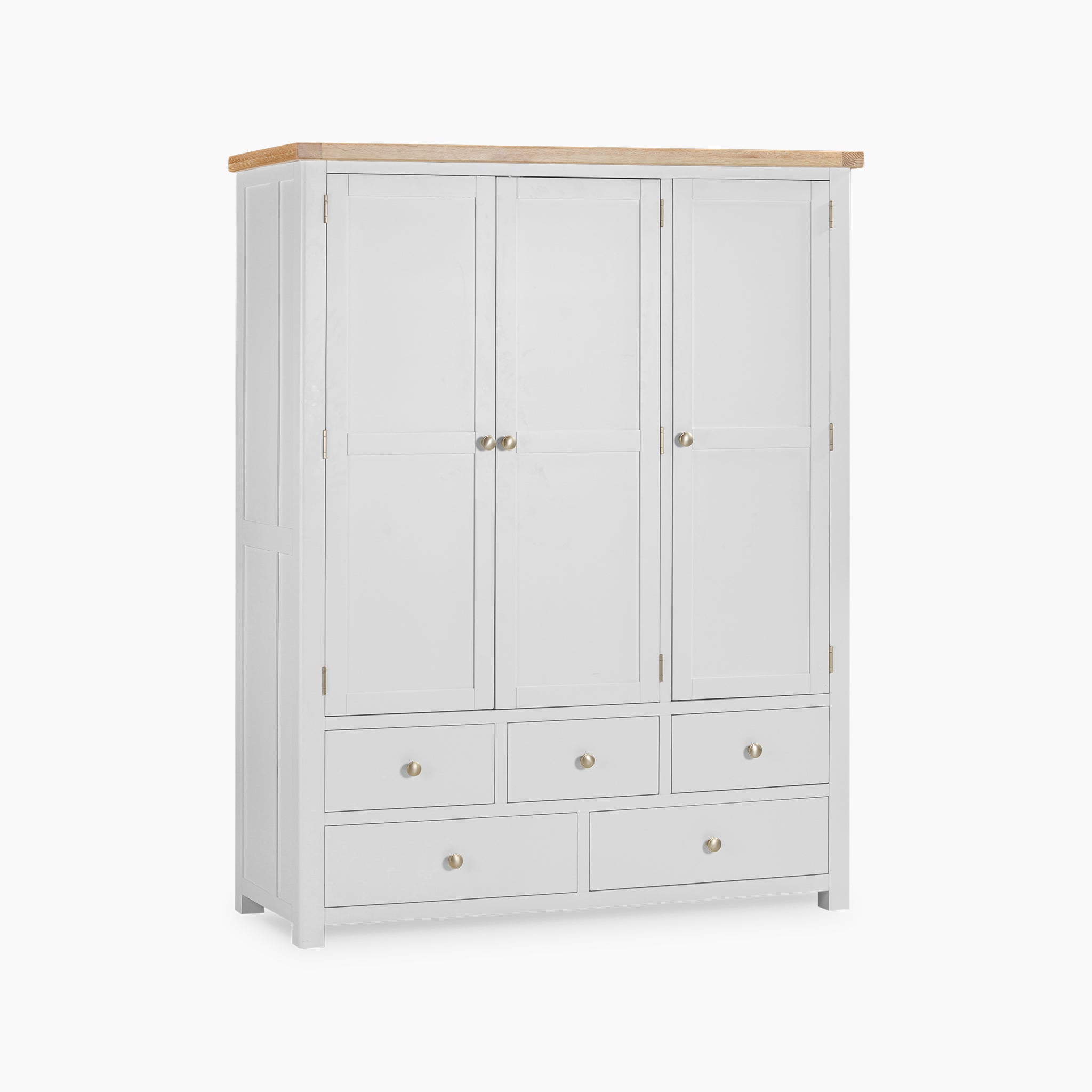 The Burford Triple Larder Unit in Warm White is a white wooden wardrobe with a light wooden top, featuring three doors and six drawers with round metal knobs. It's an adaptable storage solution perfect for keeping your kitchen organized and stylish.